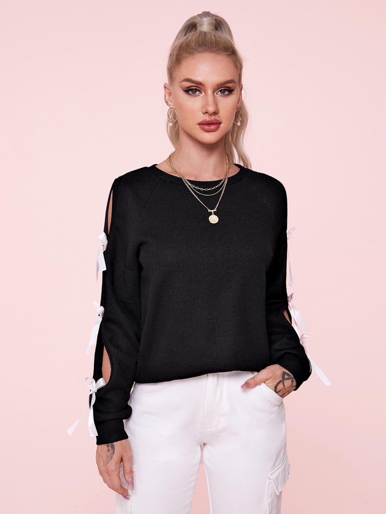 Round Neck Cut Out Sleeve Bow Detail Top