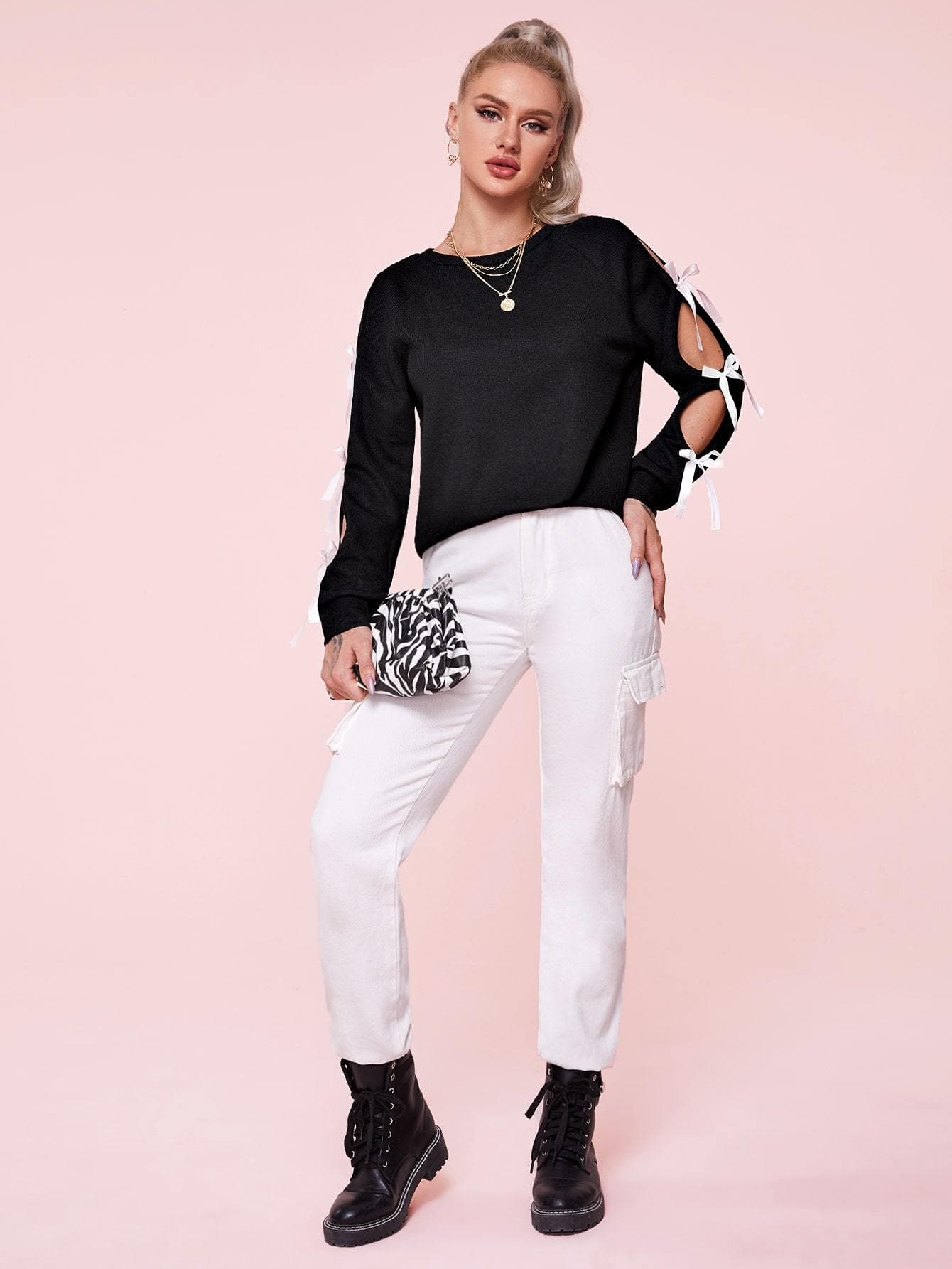 Round Neck Cut Out Sleeve Bow Detail Top
