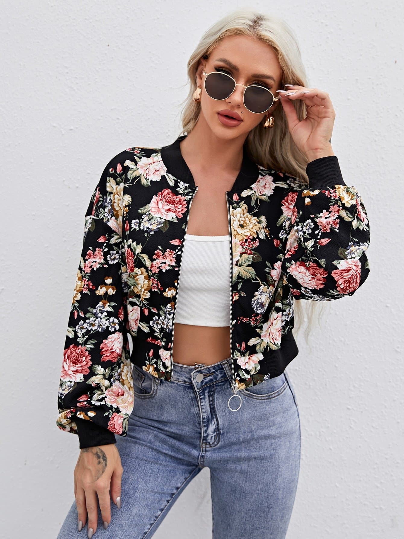 Drop Shoulder Lantern Sleeve O-ring Zip Up Floral Bomber Jacket