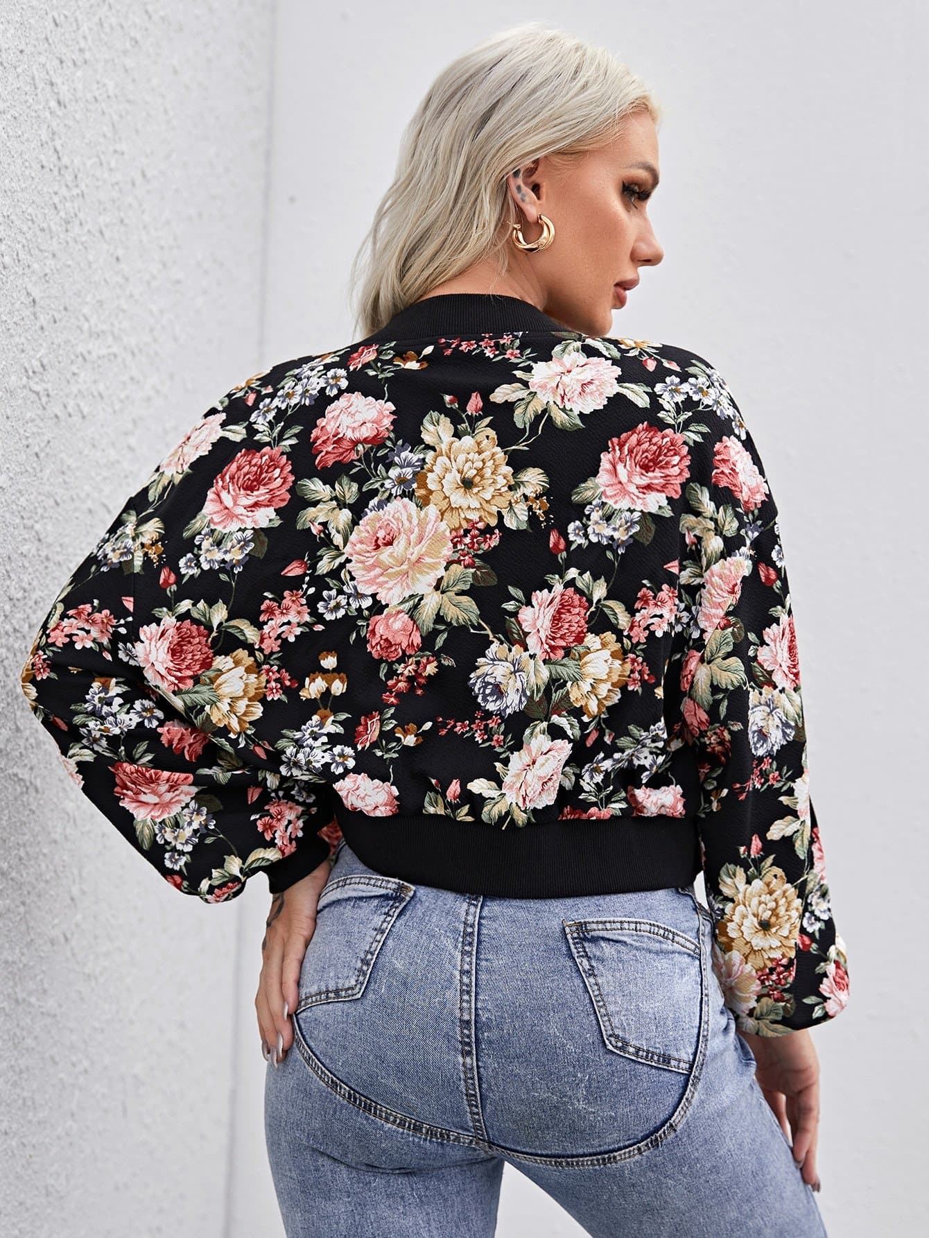 Drop Shoulder Lantern Sleeve O-ring Zip Up Floral Bomber Jacket