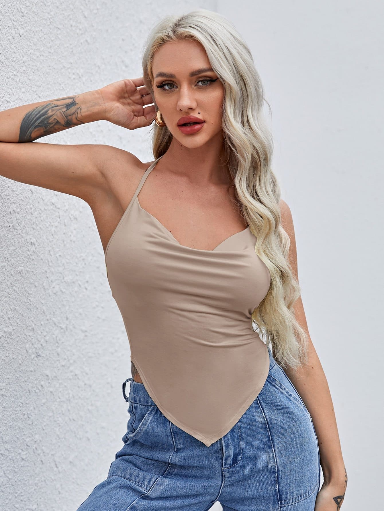 Cowl Neck Open Back Bandana Slim Fit Halter Top