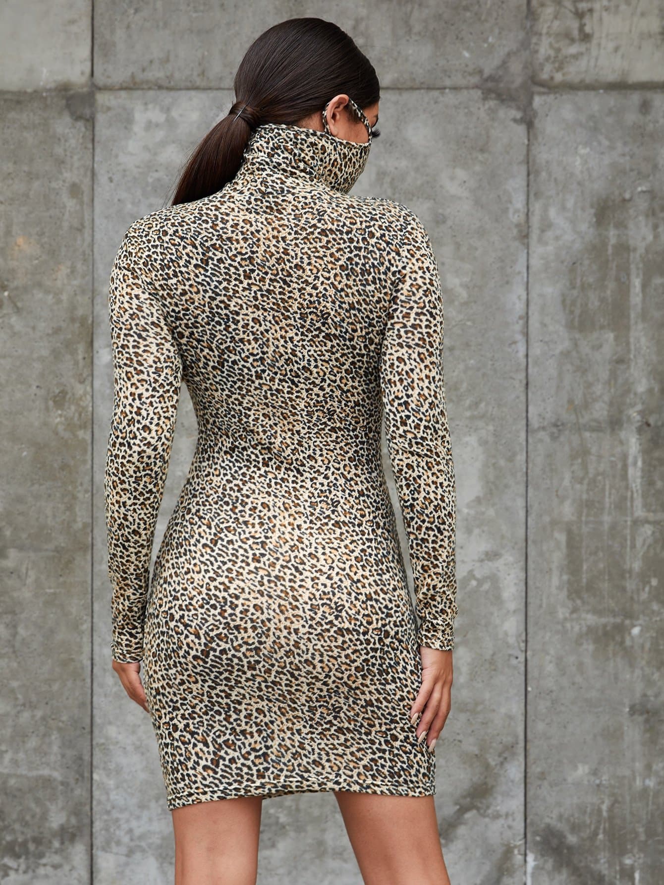 Two Way High Neck Leopard Print Slim Fit Dress