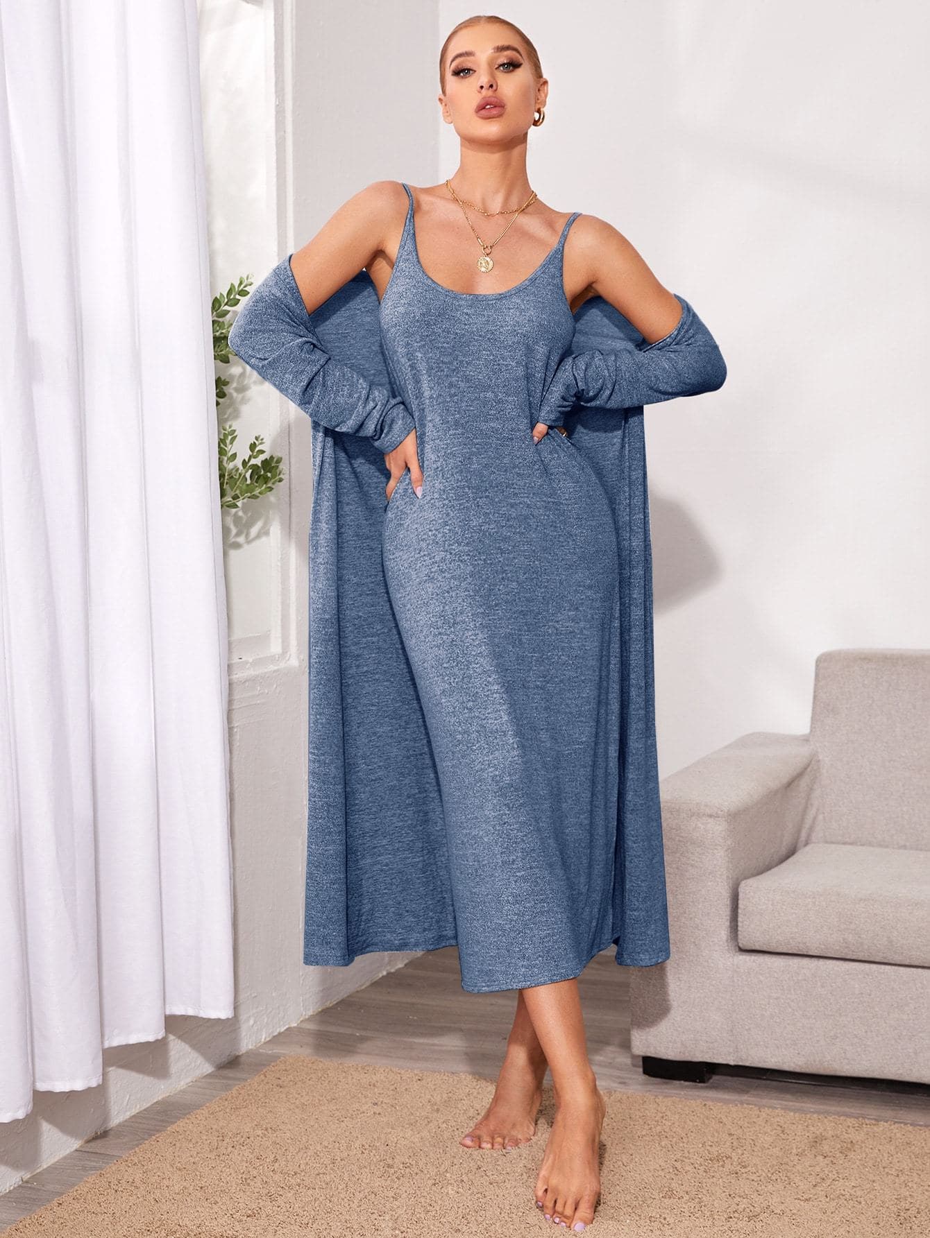 Solid Cami Dress With Robe Lounge Sleepwear Set