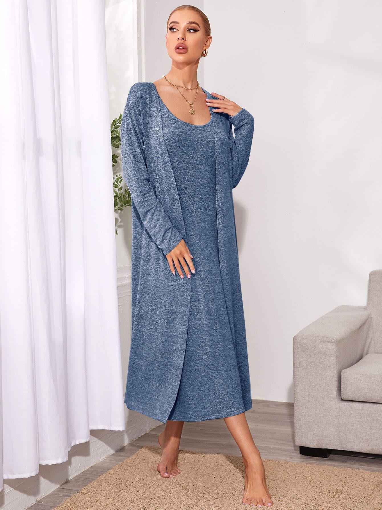 Solid Cami Dress With Robe Lounge Sleepwear Set