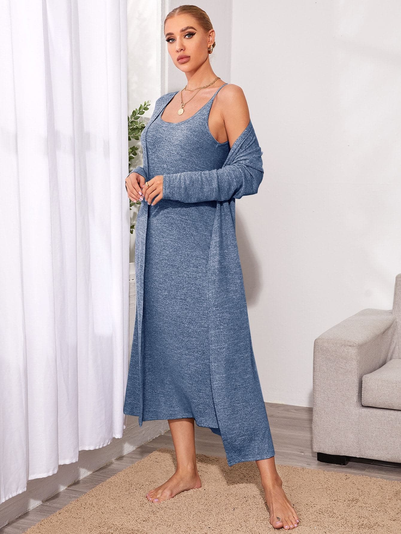 Solid Cami Dress With Robe Lounge Sleepwear Set