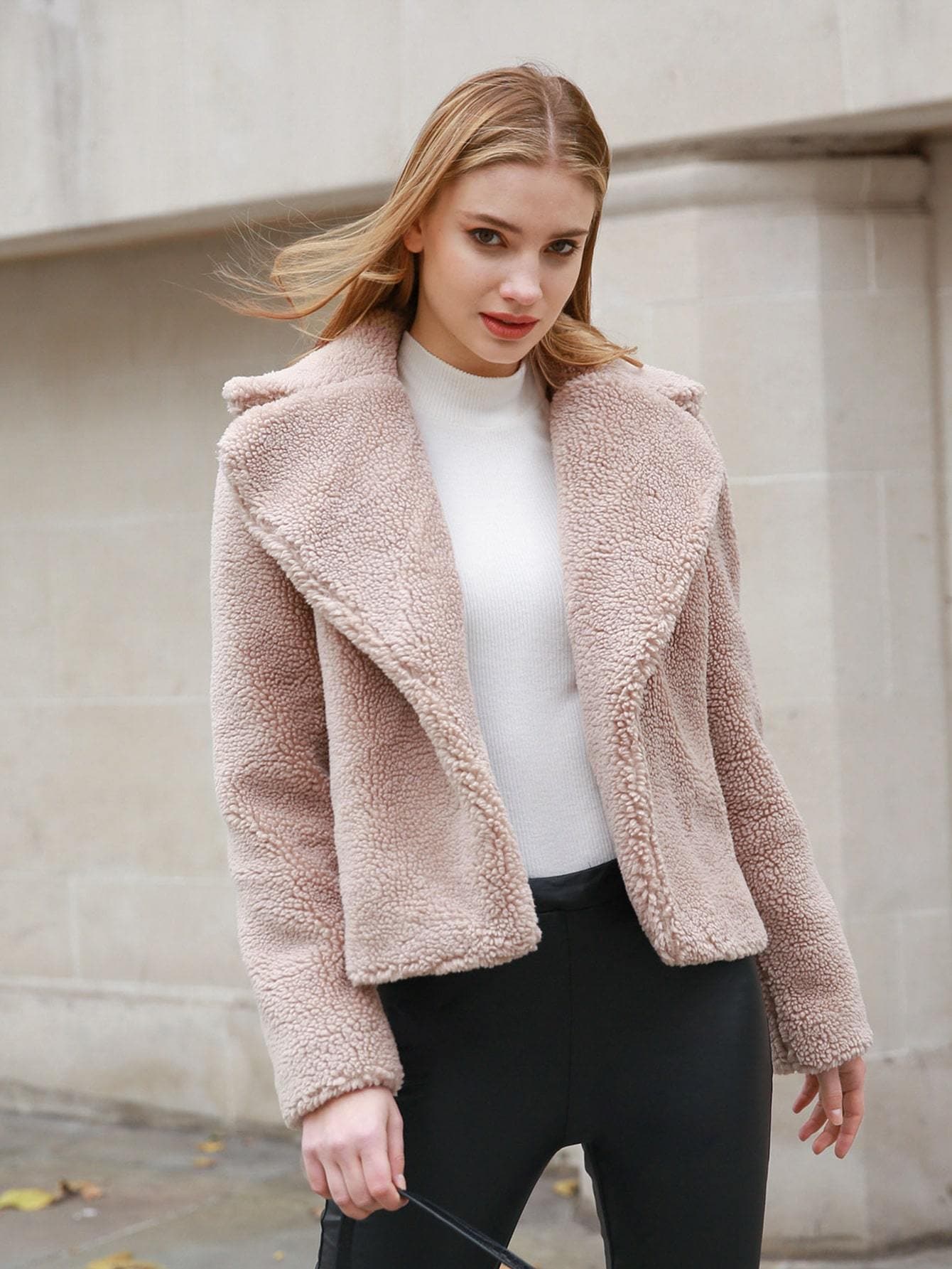 Lapel Neck Notch Collar Open Front Teddy Jacket