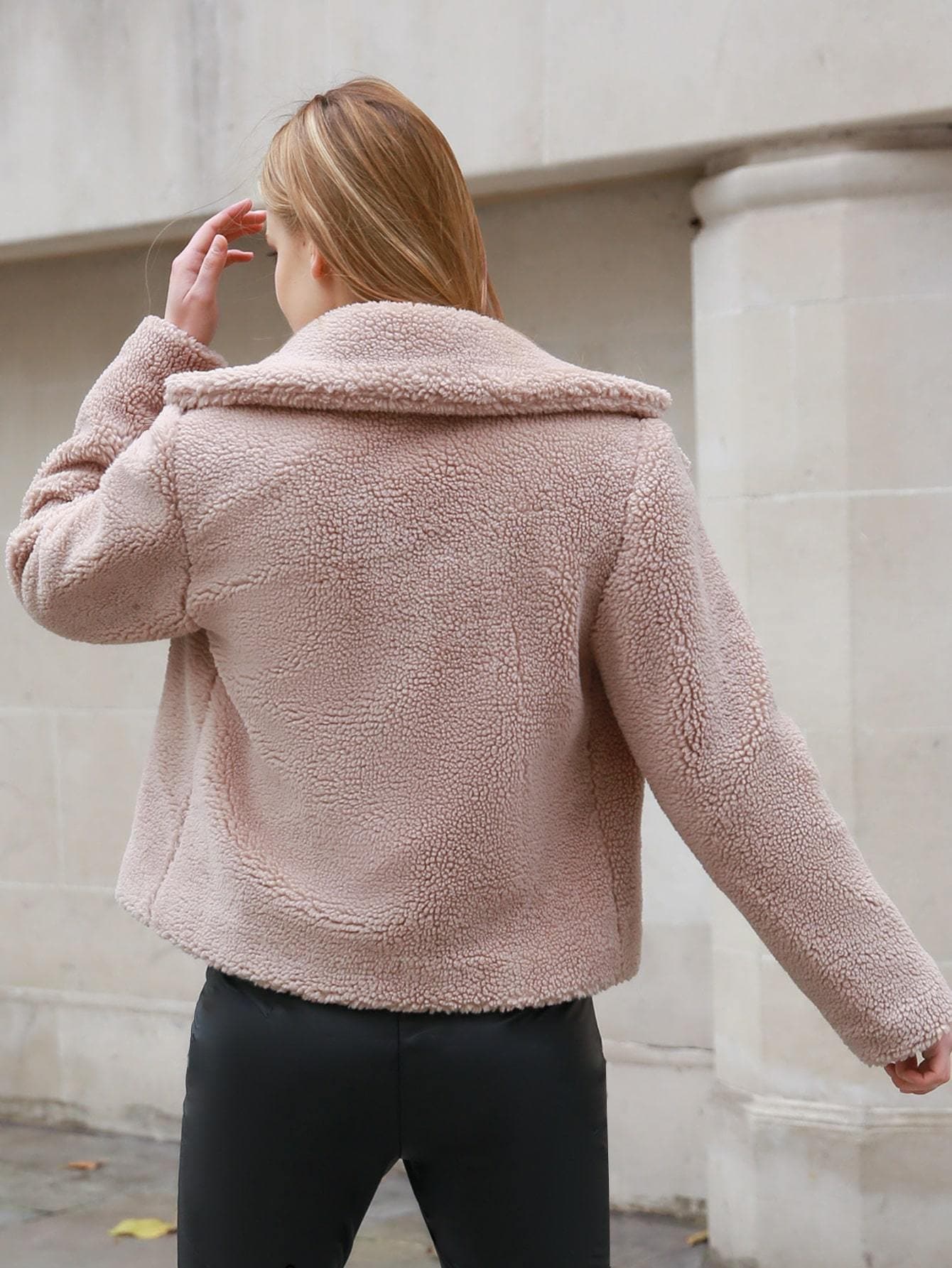 Lapel Neck Notch Collar Open Front Teddy Jacket