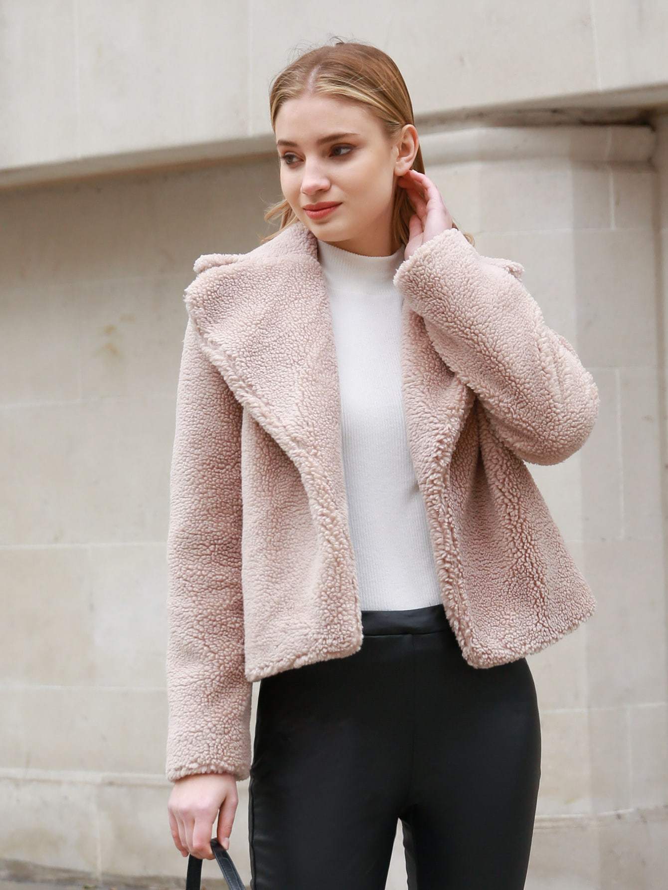 Lapel Neck Notch Collar Open Front Teddy Jacket