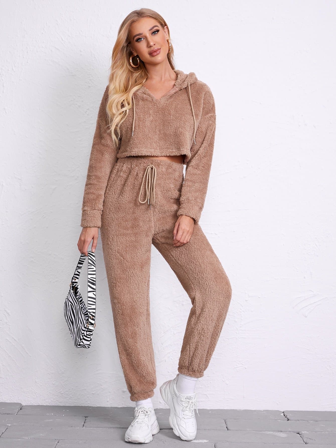 Drop Shoulder Drawstring Hooded Teddy Hoodie Top and Sweatpants Set