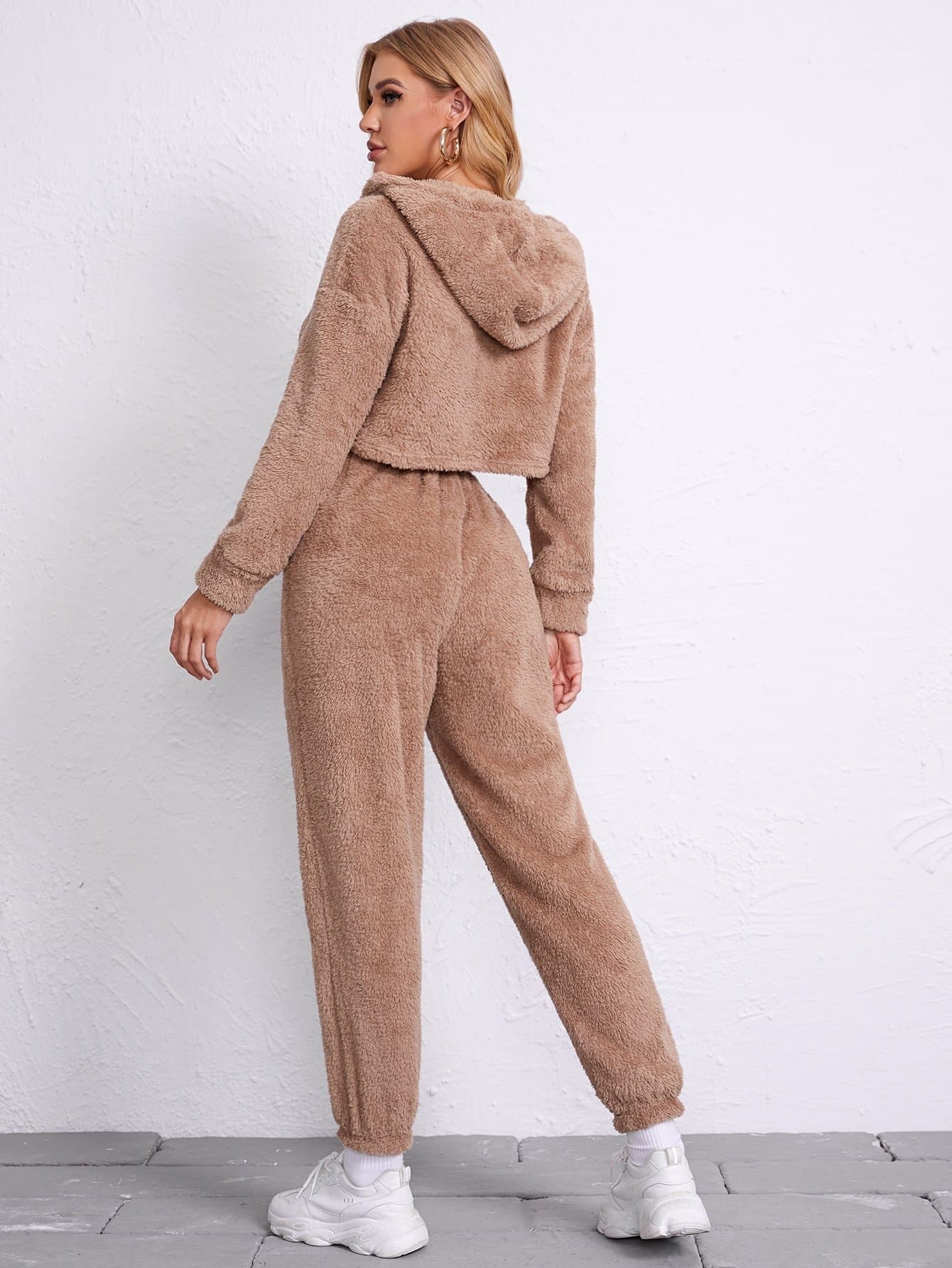 Drop Shoulder Drawstring Hooded Teddy Hoodie Top and Sweatpants Set