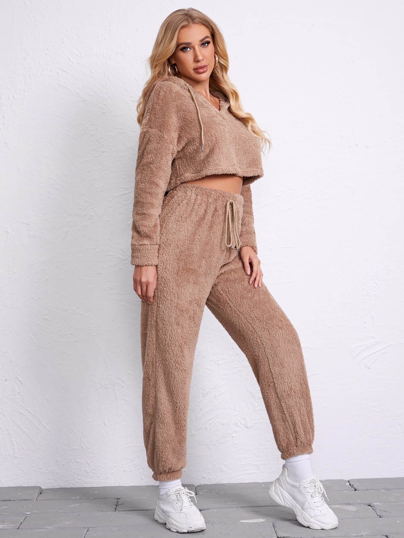 Drop Shoulder Drawstring Hooded Teddy Hoodie Top and Sweatpants Set