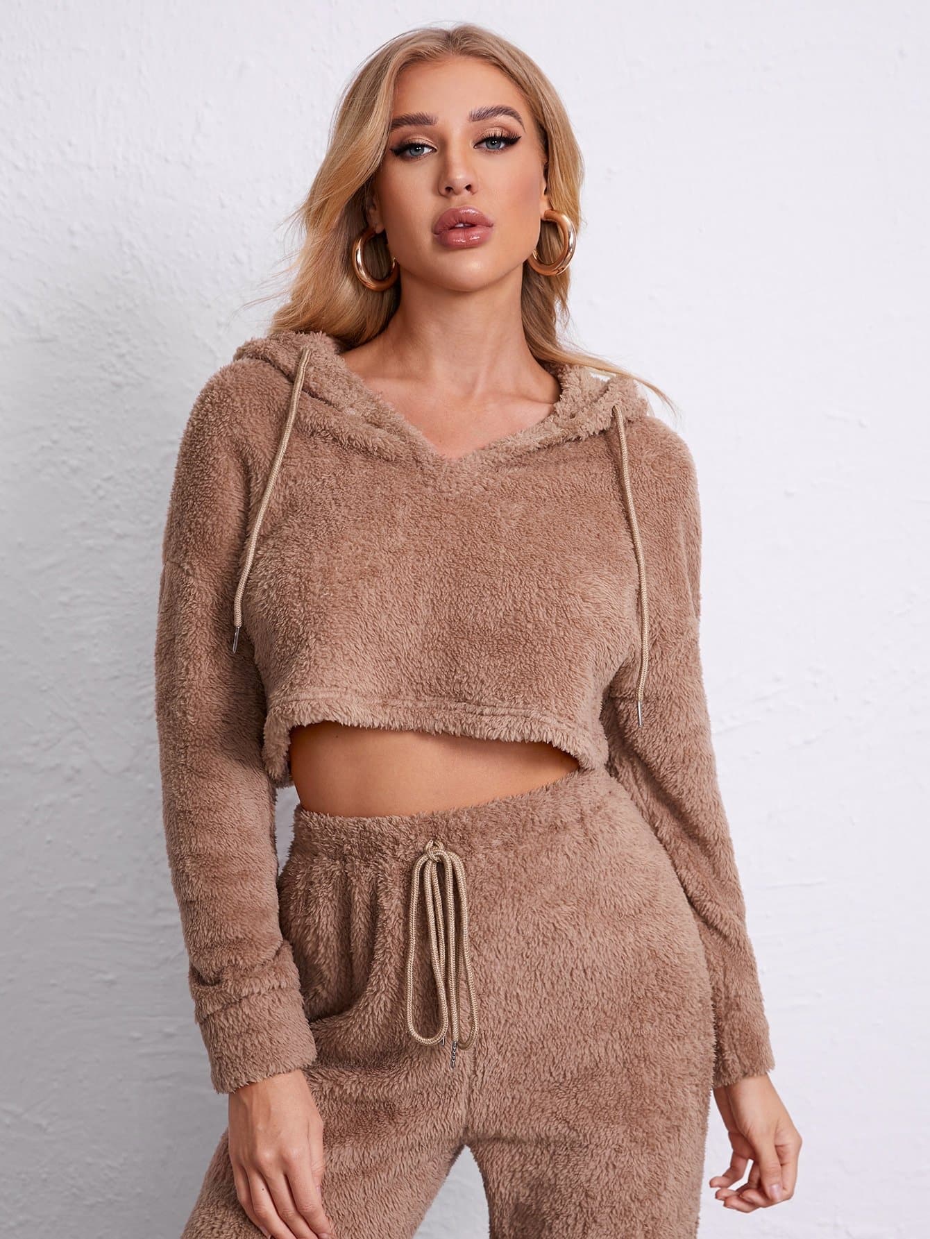 Drop Shoulder Drawstring Hooded Teddy Hoodie Top and Sweatpants Set