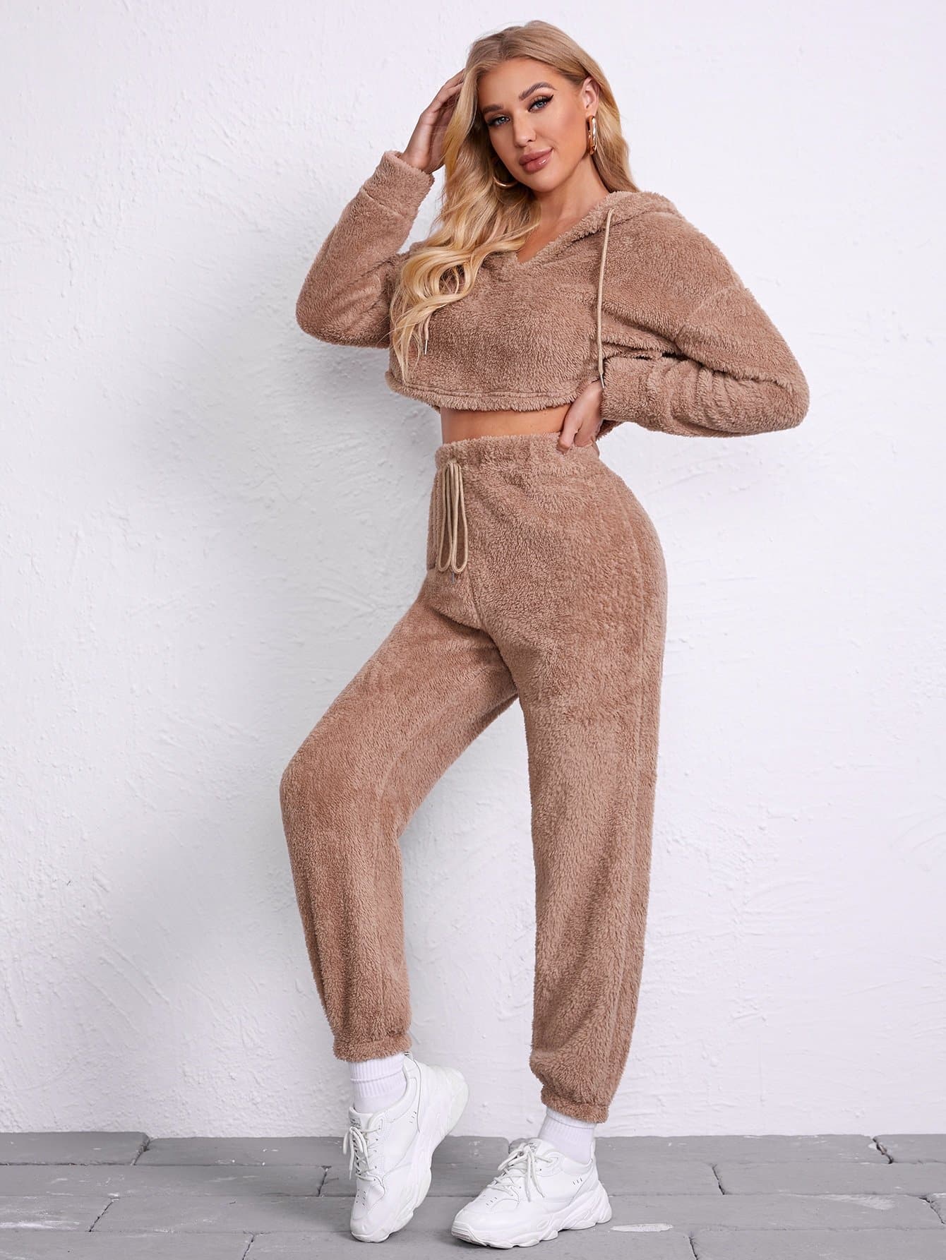 Drop Shoulder Drawstring Hooded Teddy Hoodie Top and Sweatpants Set