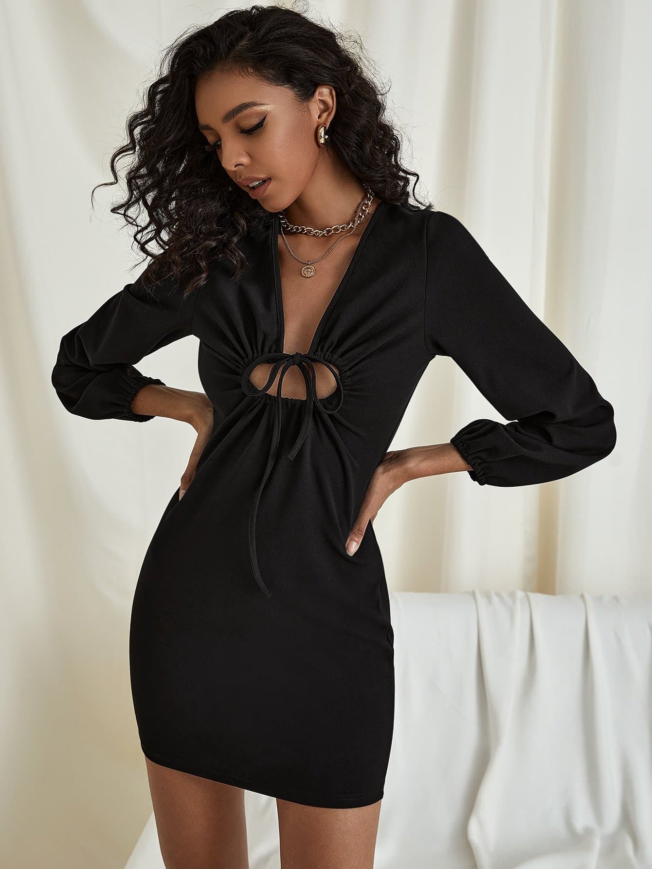 Three Quarter Bishop Lantern Sleeve Tie Front Dress