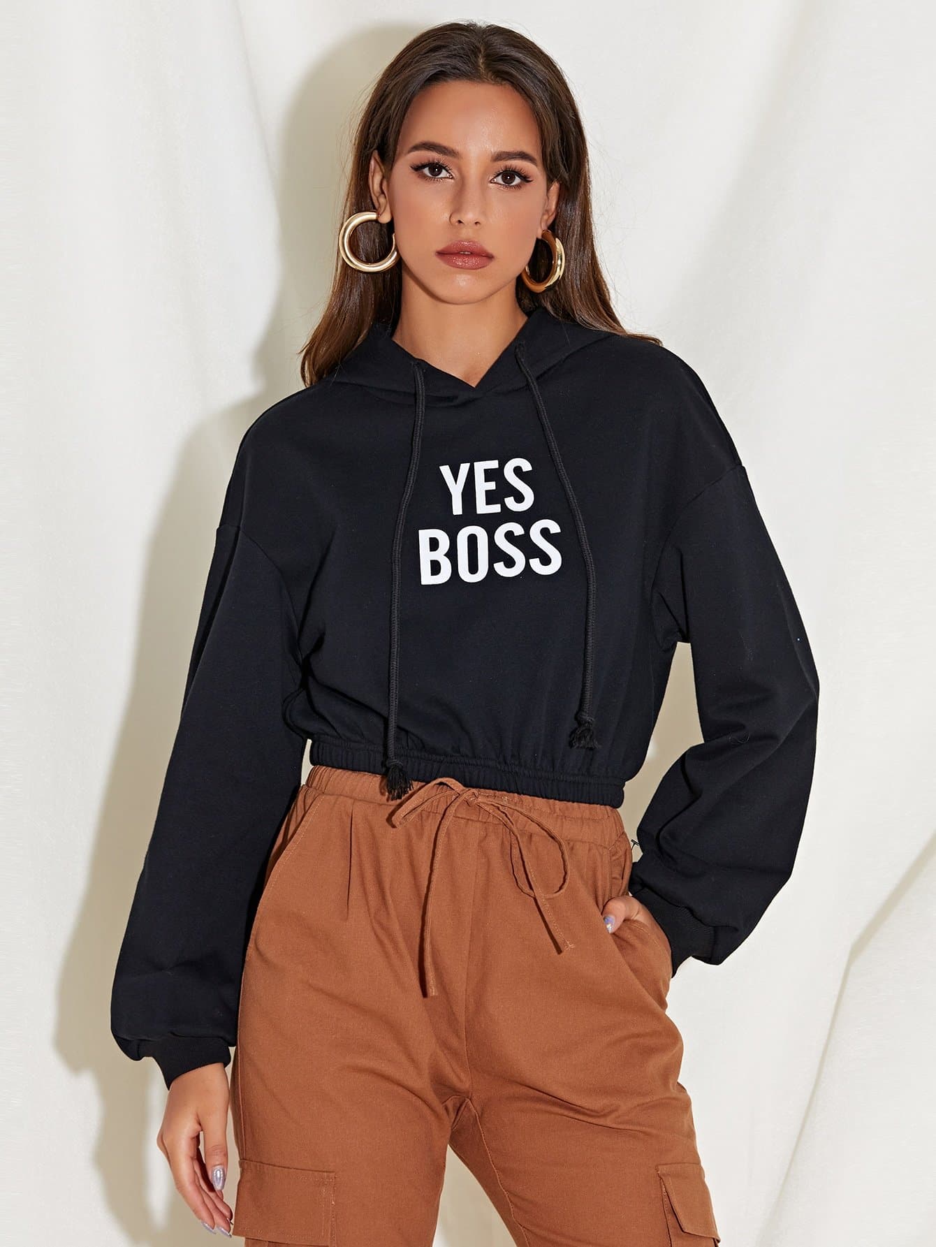 Drop Shoulder Drawstring Detail Letter Graphic Crop Hoodie Pullover