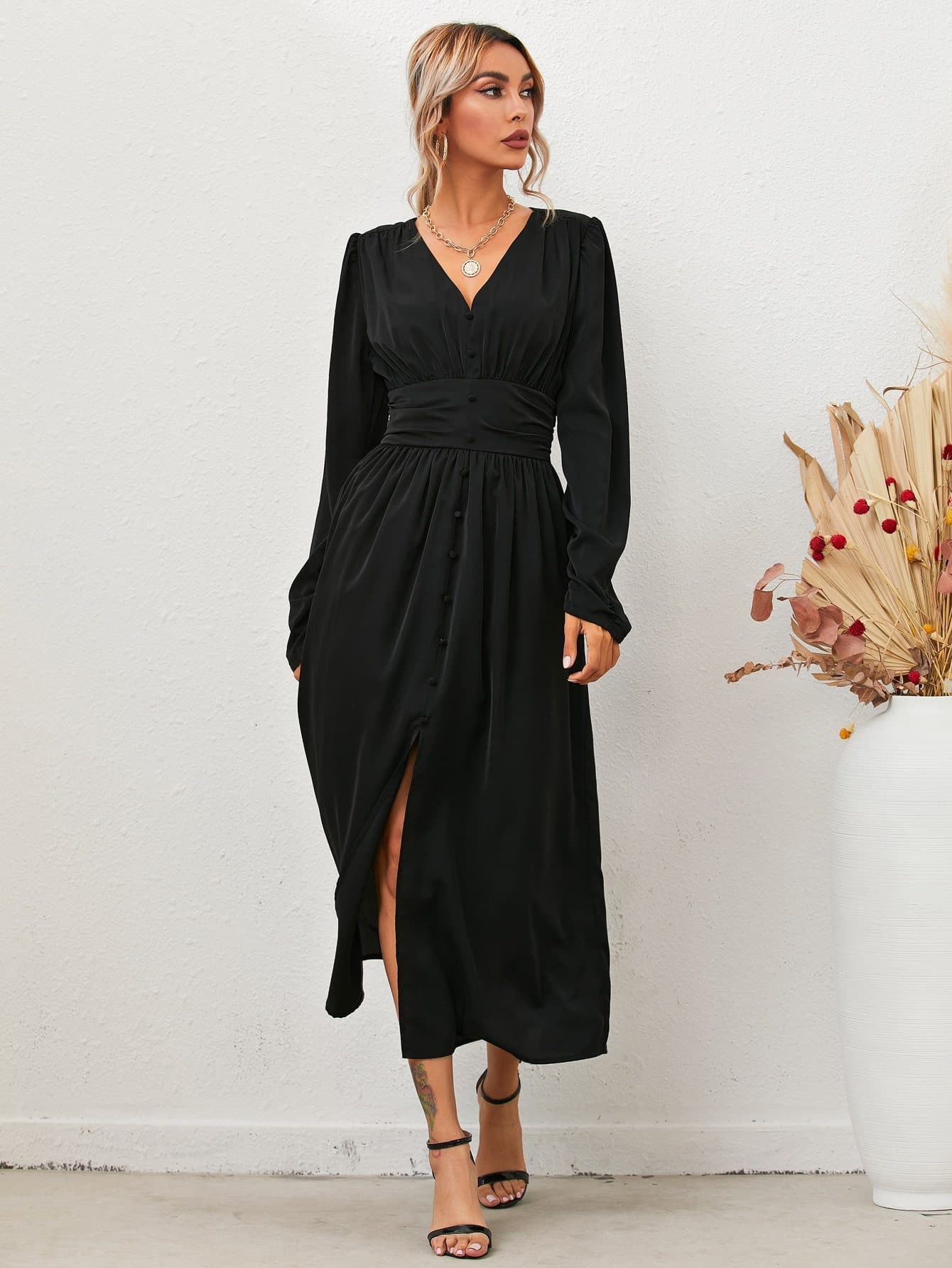 Button Front Puff Sleeve V-neck Split Thigh A-line Dress
