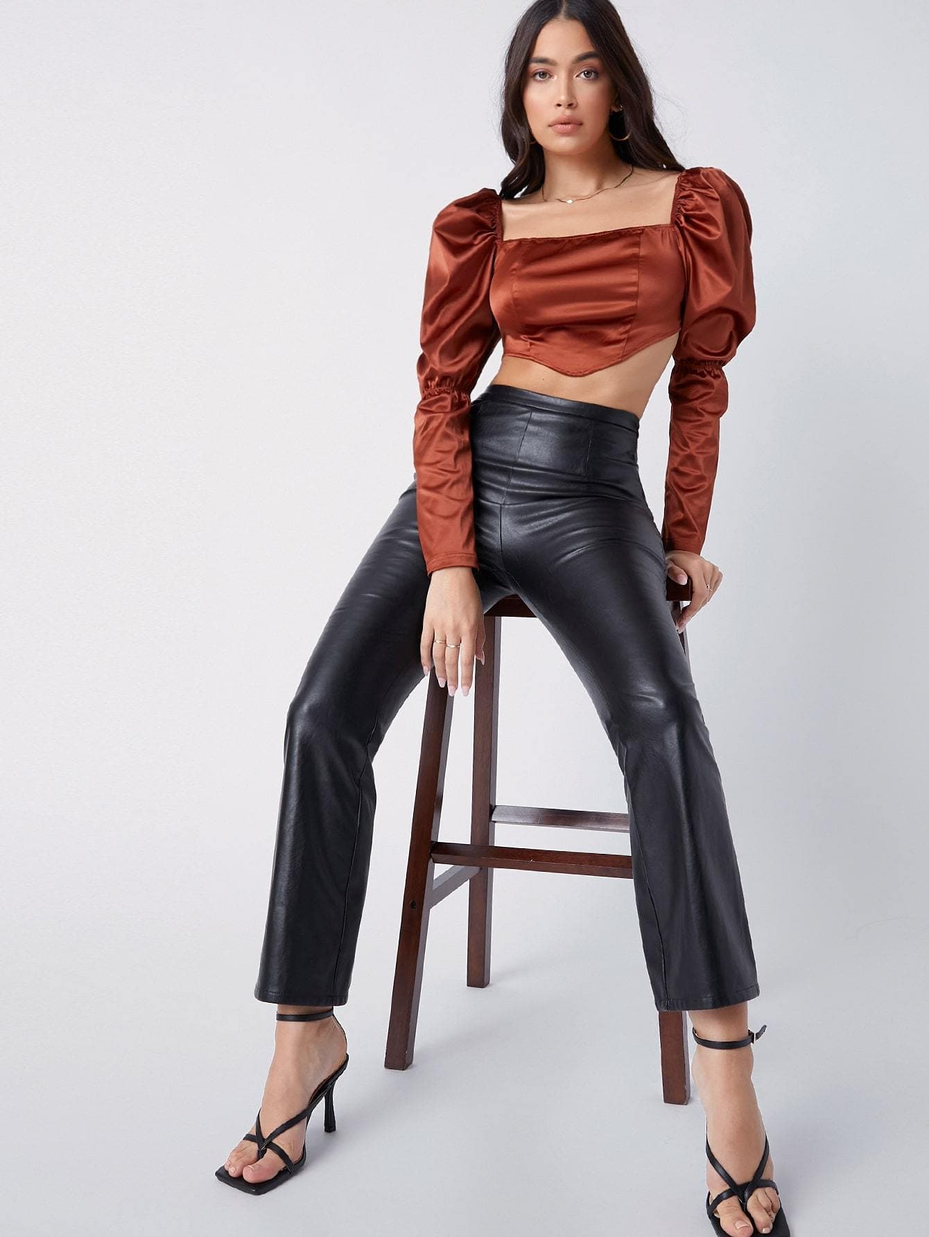 Square Neck Gigot Sleeve Crop Satin Slim Fit Top