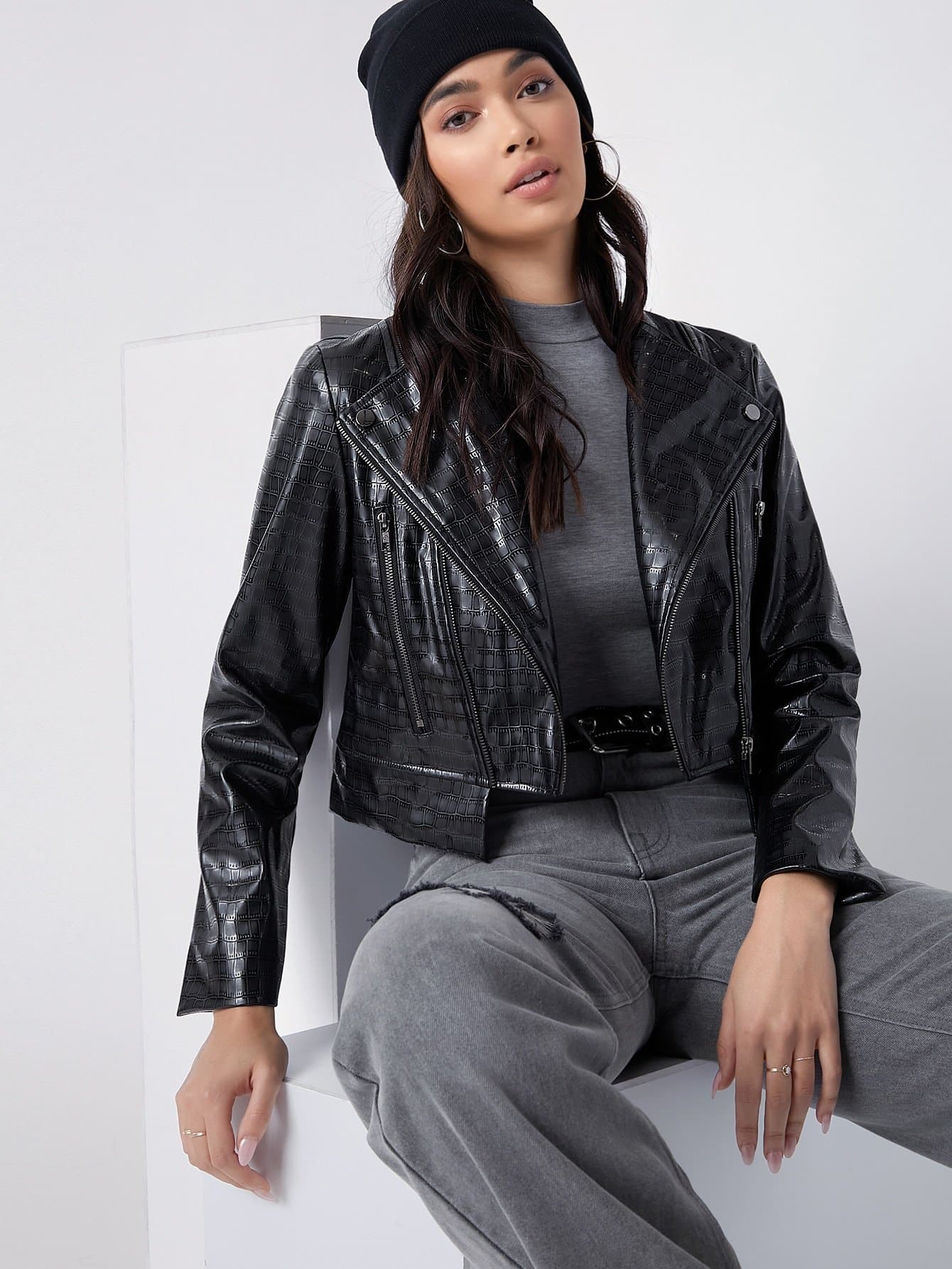 Crocodile Zip Up PU Leather Biker Jacket