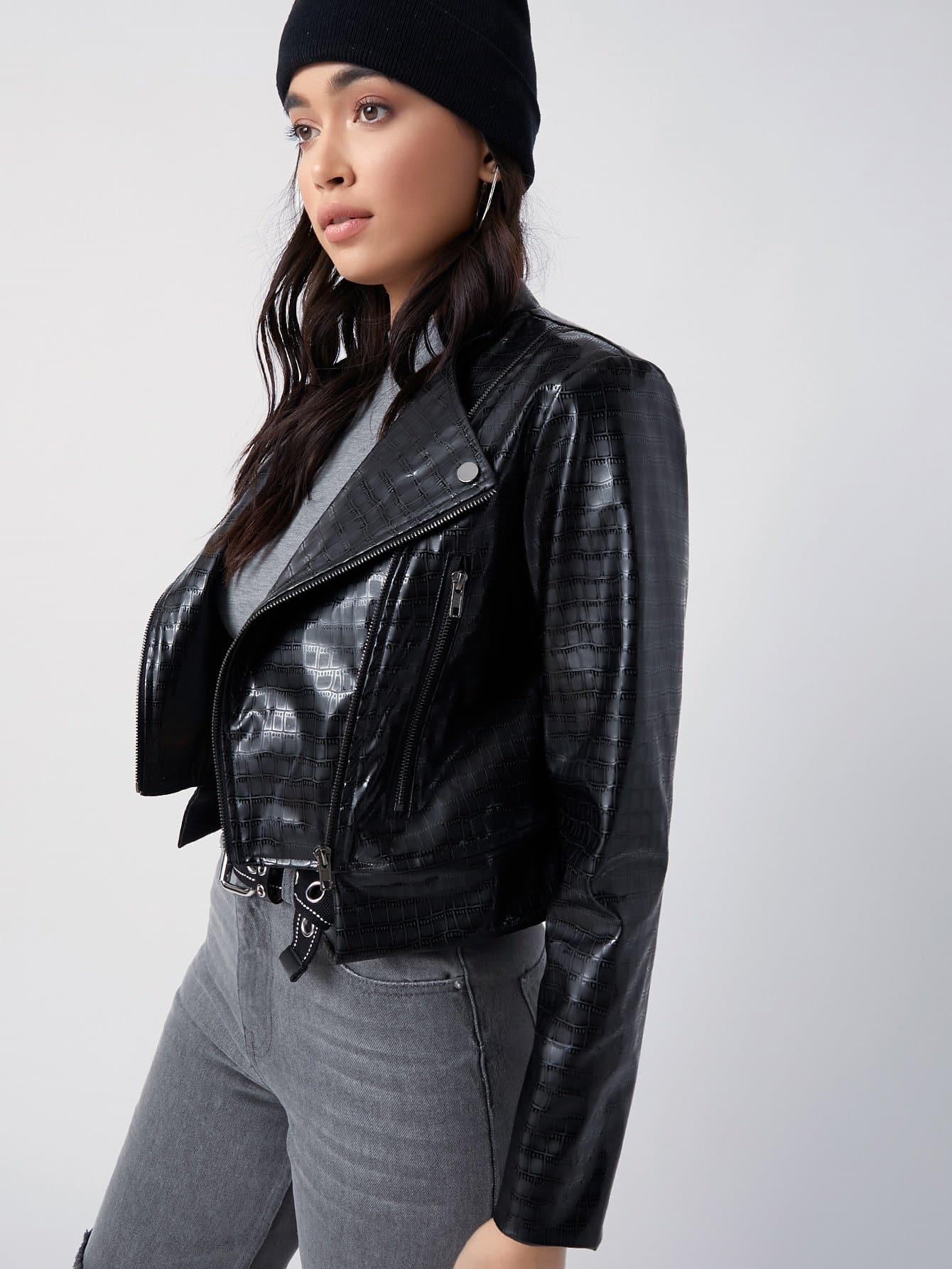 Crocodile Zip Up PU Leather Biker Jacket