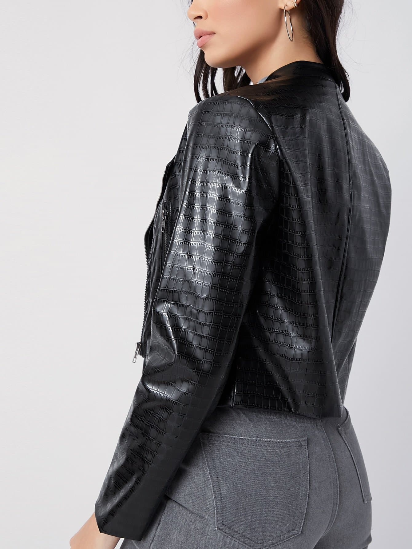 Crocodile Zip Up PU Leather Biker Jacket