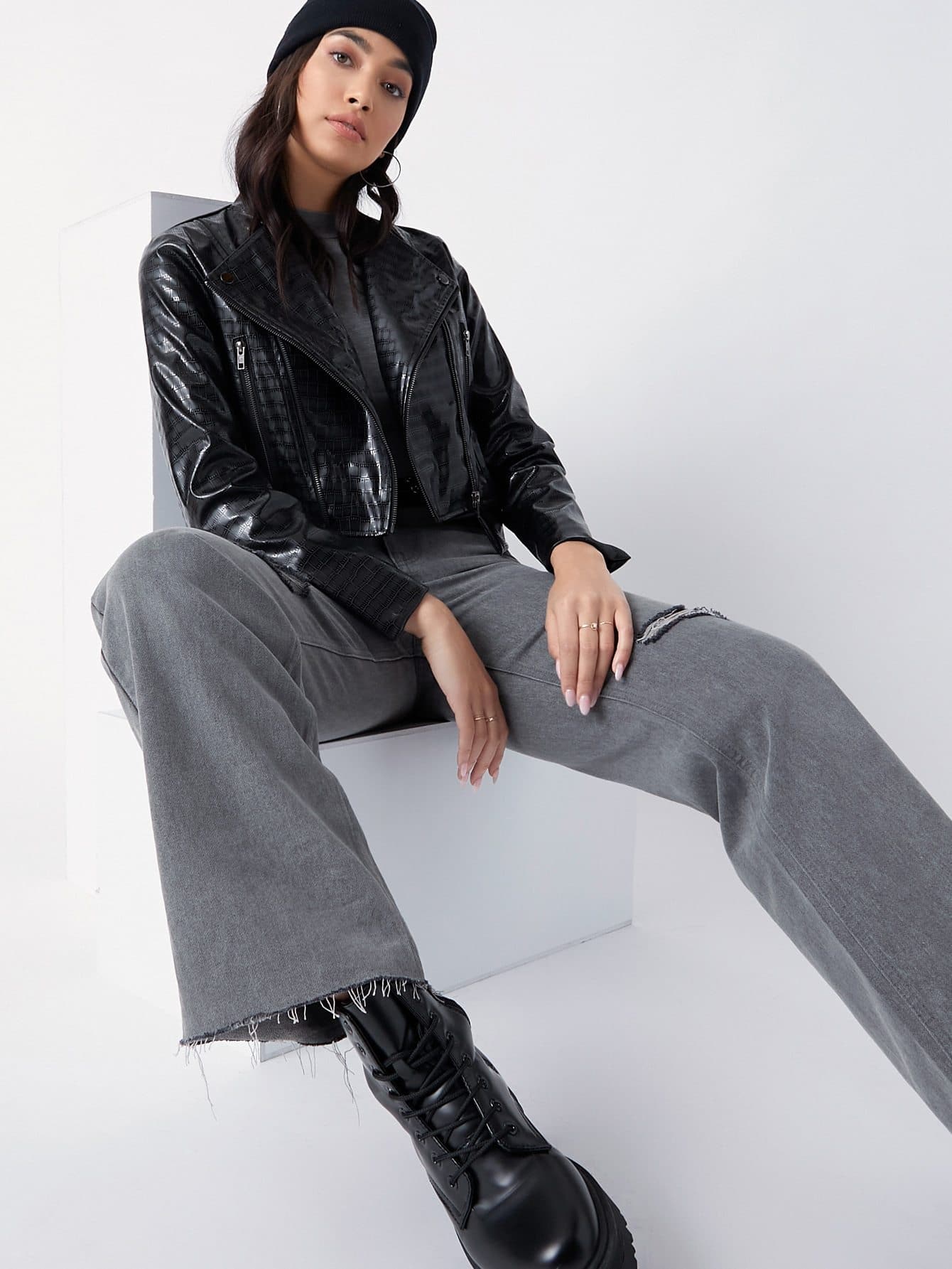 Crocodile Zip Up PU Leather Biker Jacket