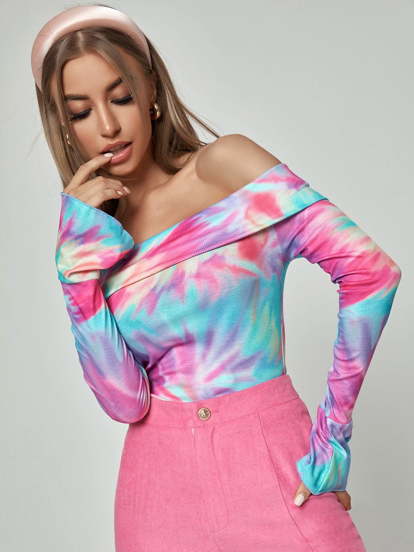 Slim Fit Off Shoulder Tie Dye Flounce Sleeve Top