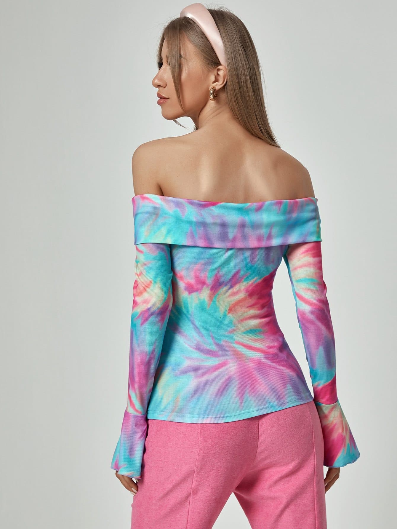 Slim Fit Off Shoulder Tie Dye Flounce Sleeve Top