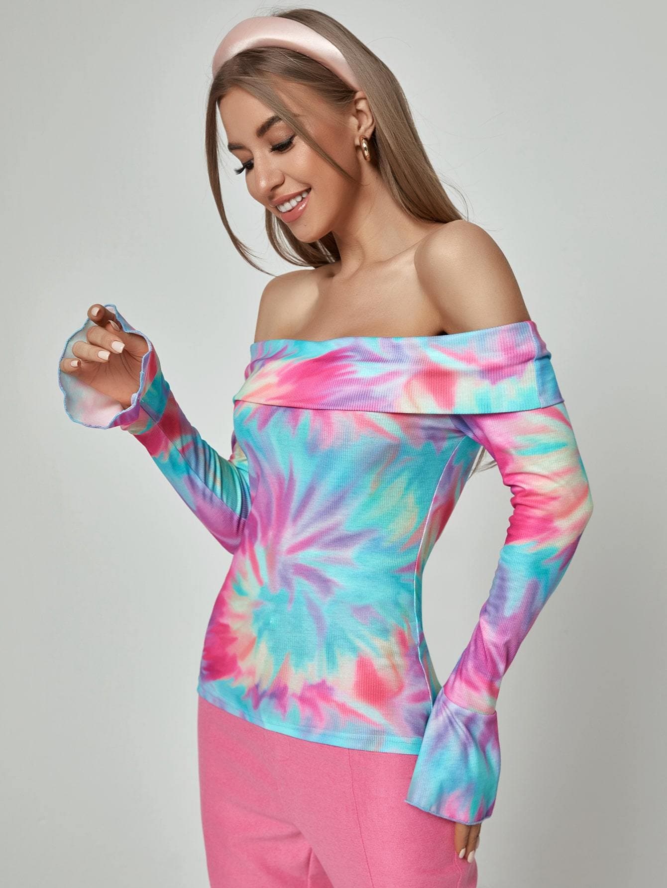 Slim Fit Off Shoulder Tie Dye Flounce Sleeve Top