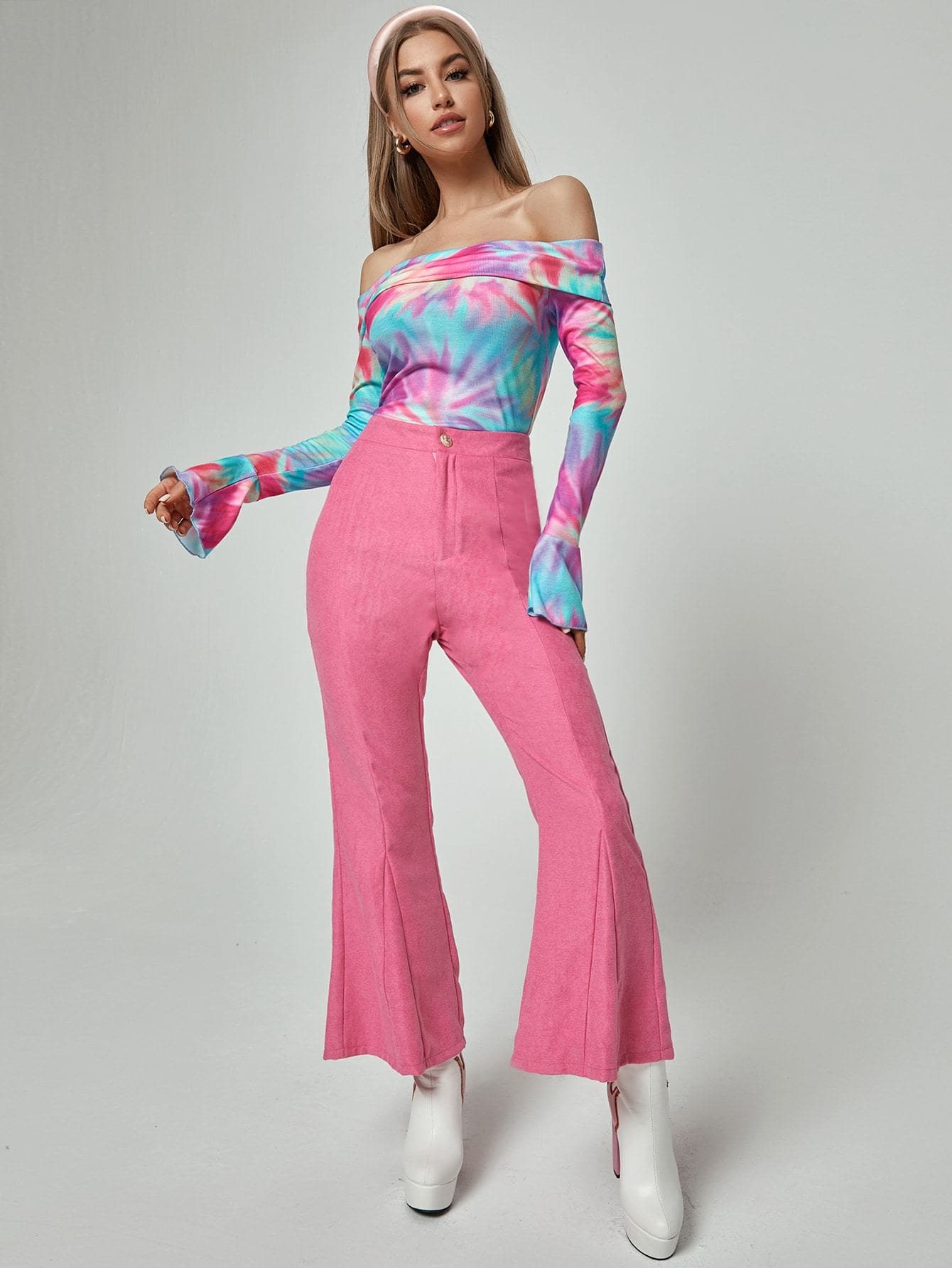 Slim Fit Off Shoulder Tie Dye Flounce Sleeve Top