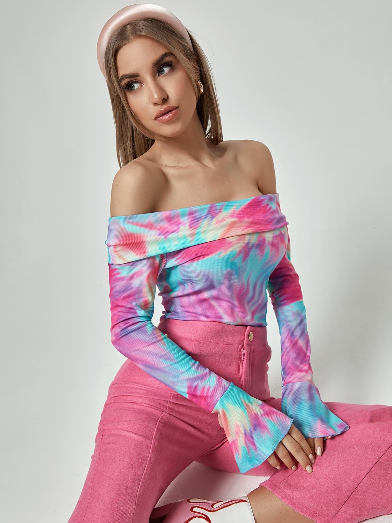 Slim Fit Off Shoulder Tie Dye Flounce Sleeve Top