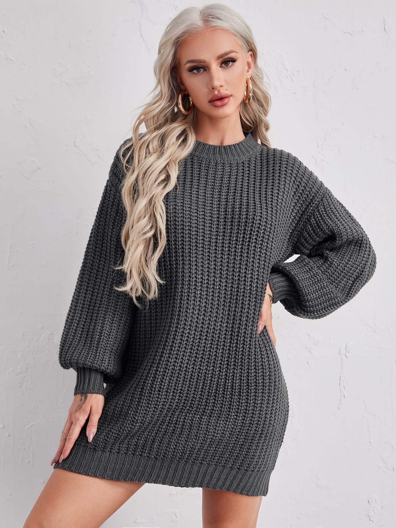 Drop Shoulder Round Neck Lantern Sleeve Solid Sweater Dress
