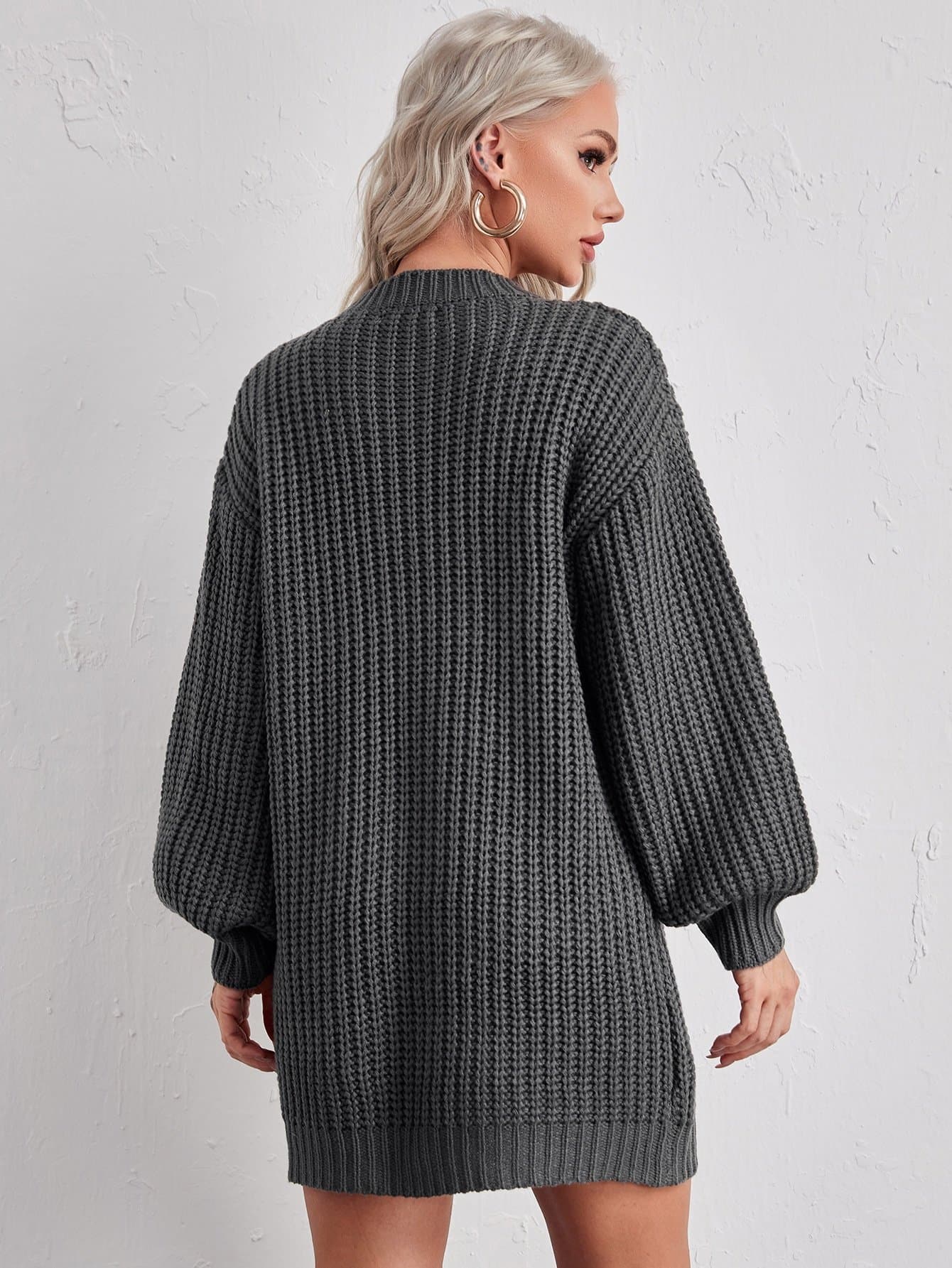 Drop Shoulder Round Neck Lantern Sleeve Solid Sweater Dress