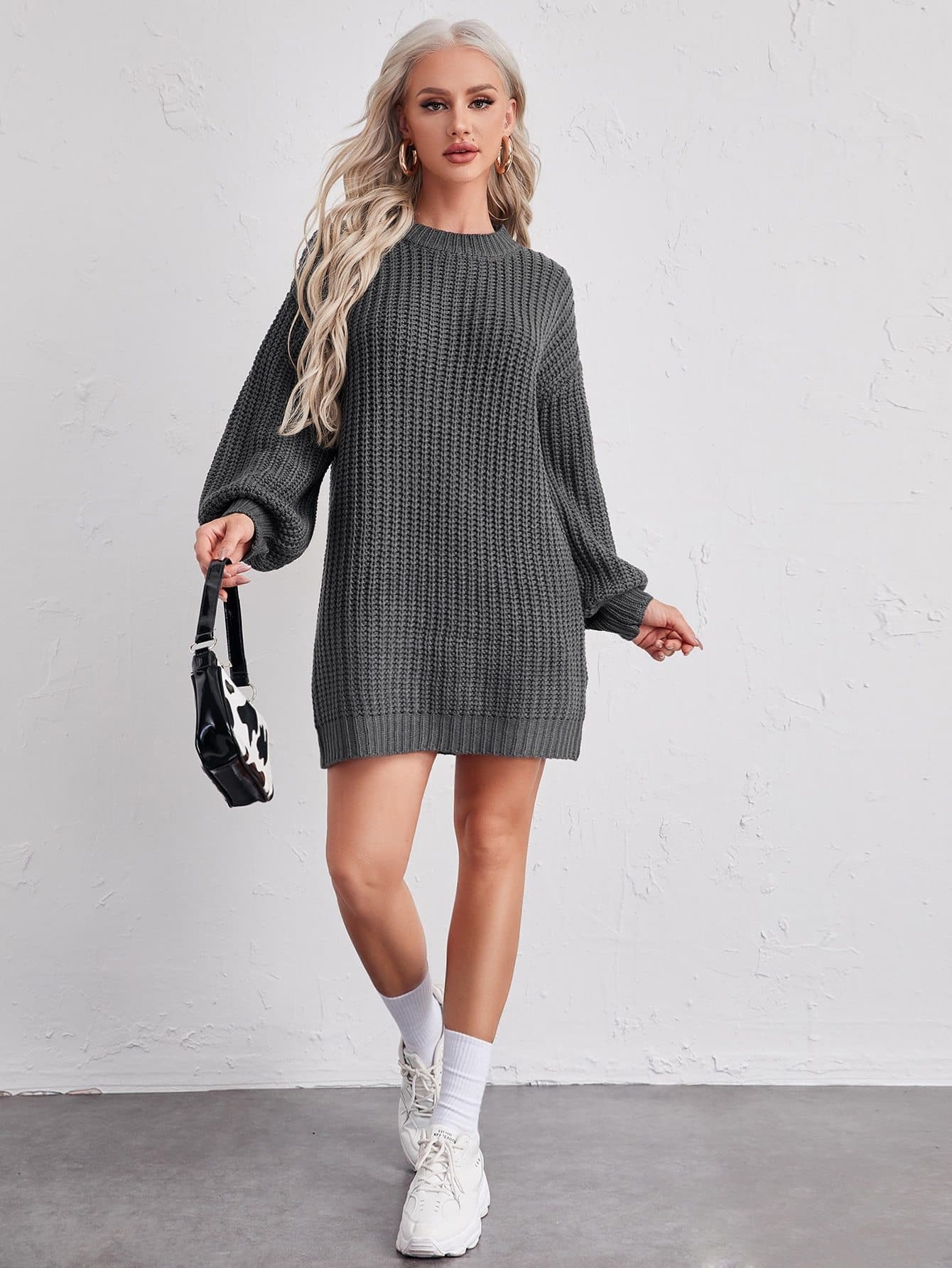 Drop Shoulder Round Neck Lantern Sleeve Solid Sweater Dress
