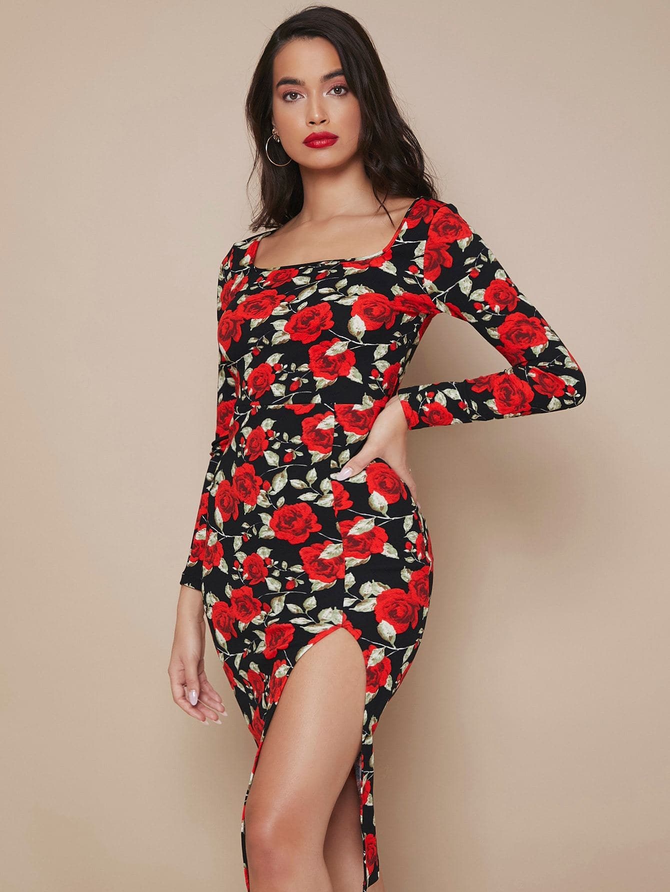 Scoop Square Neck Split Thigh Allover Floral Print Slim Fit Dress