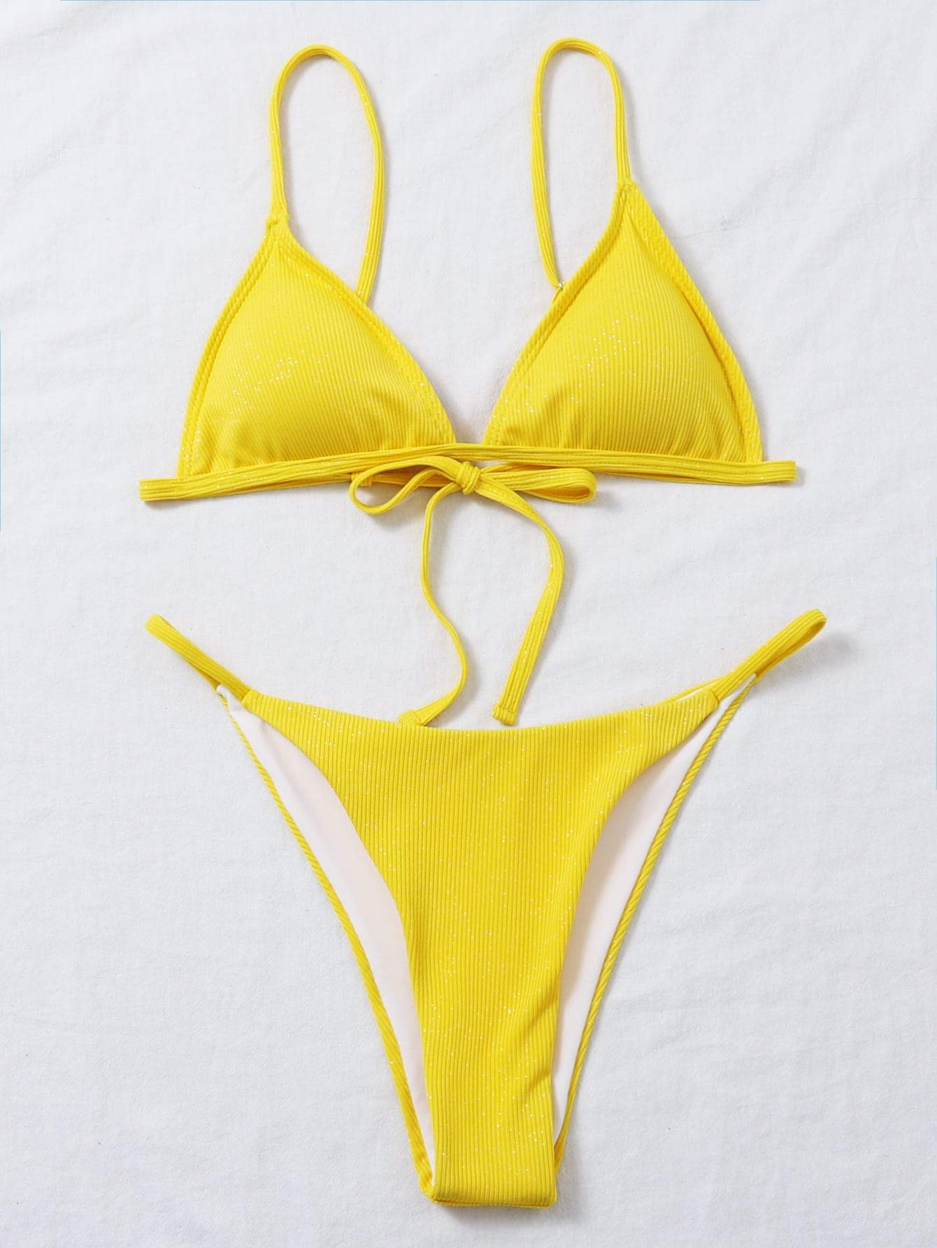Yellow Halter Neck Triangle Thong Bikini Swimwear