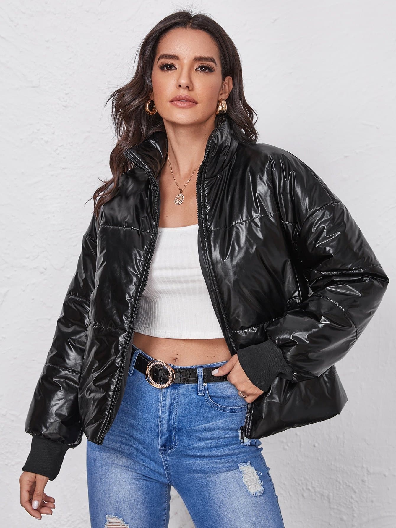 Black Drop Shoulder Padded Zipper Up Puffer Jacket
