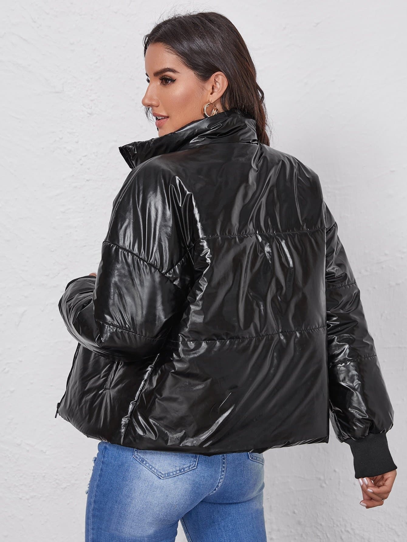 Black Drop Shoulder Padded Zipper Up Puffer Jacket