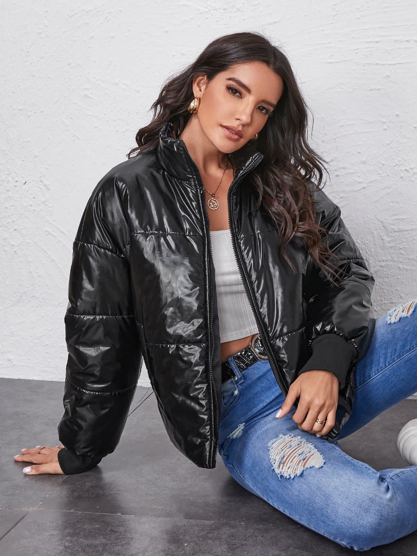 Black Drop Shoulder Padded Zipper Up Puffer Jacket