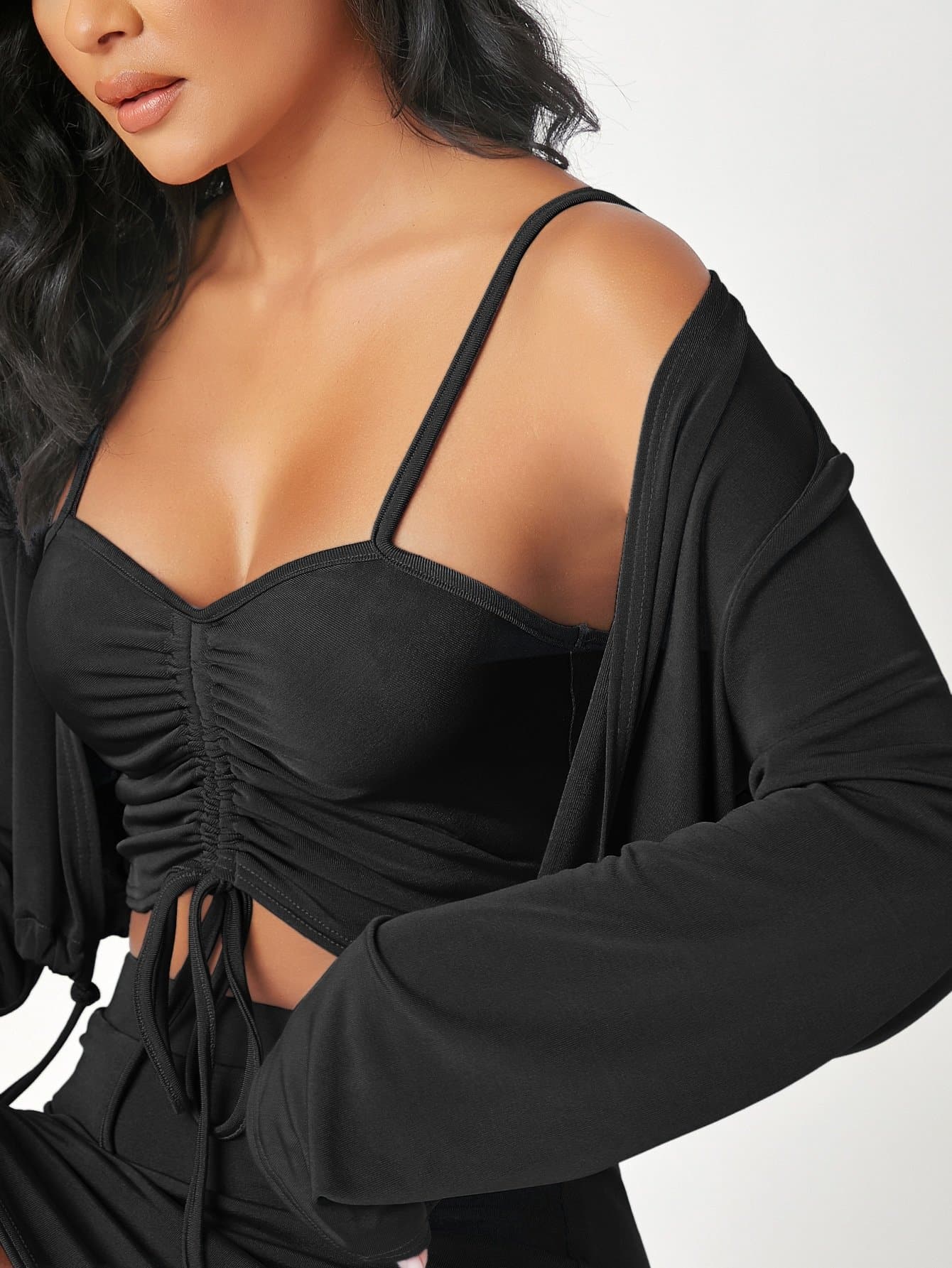 Spaghetti Strap Sleeveless Drawstring Ruched Bust Cami Top and Skirt Set With Jacket