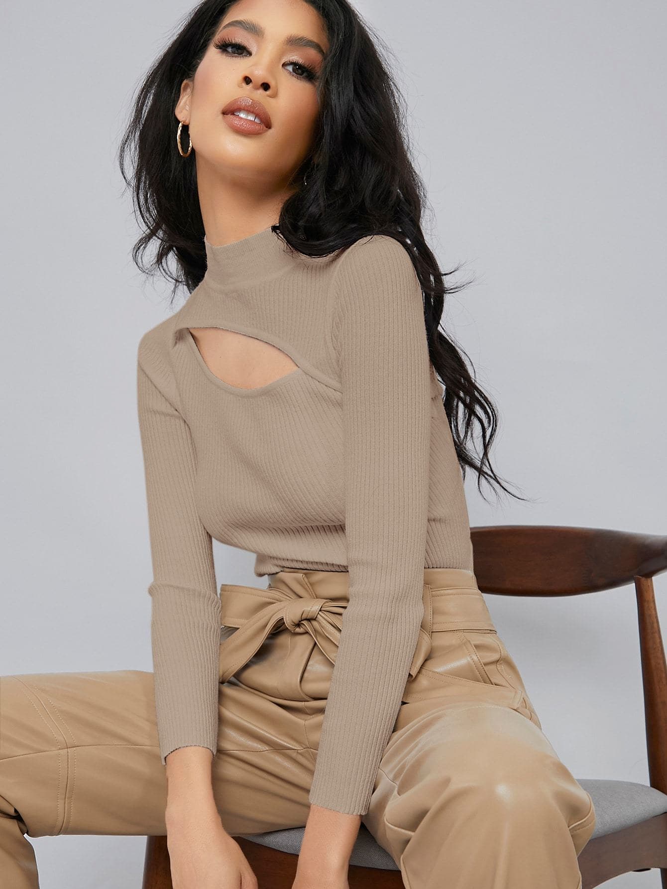 Stand Collar Cut Out Detail Rib Knit Slim Fit Sweater Top
