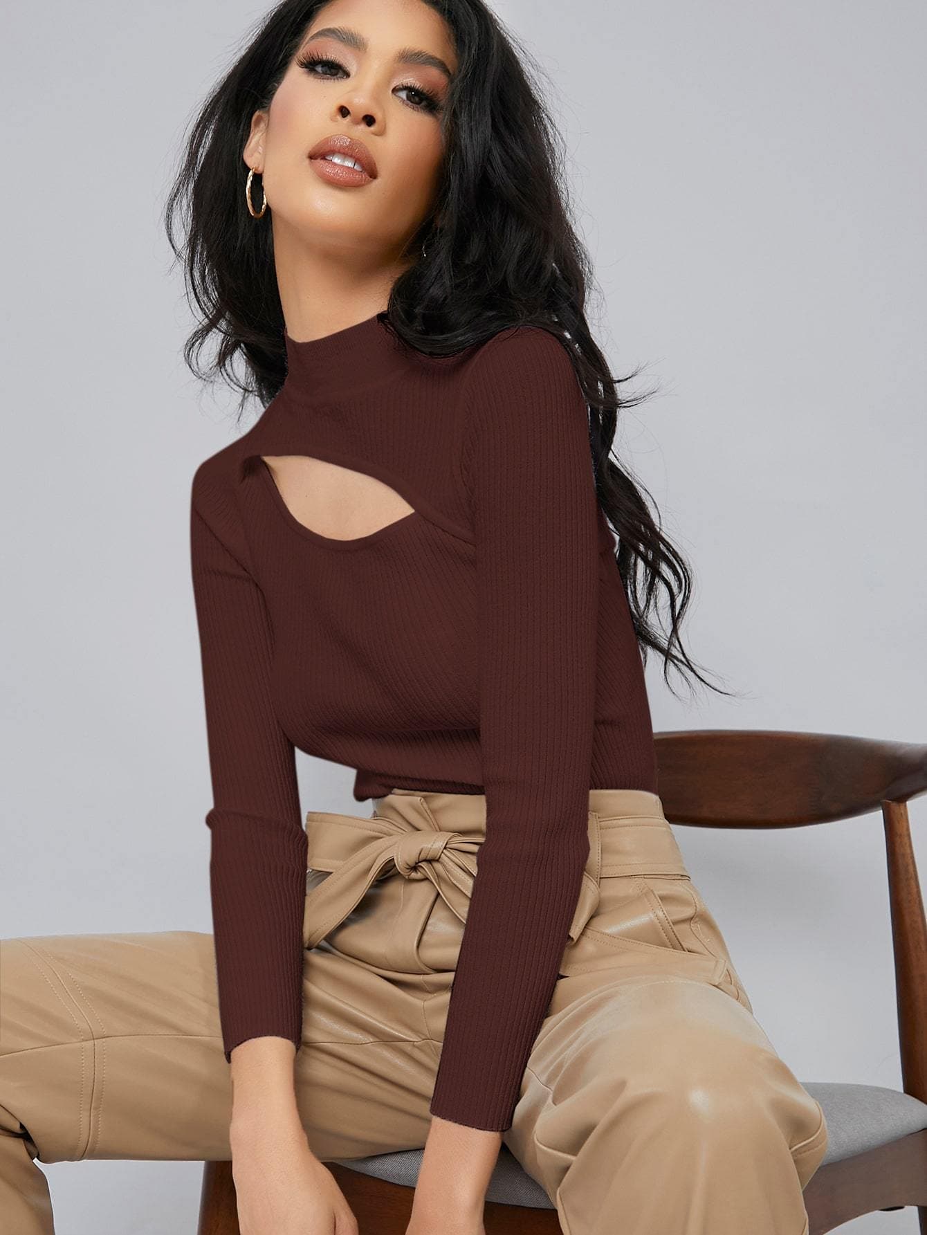 Stand Collar Cut Out Detail Rib Knit Slim Fit Sweater Top