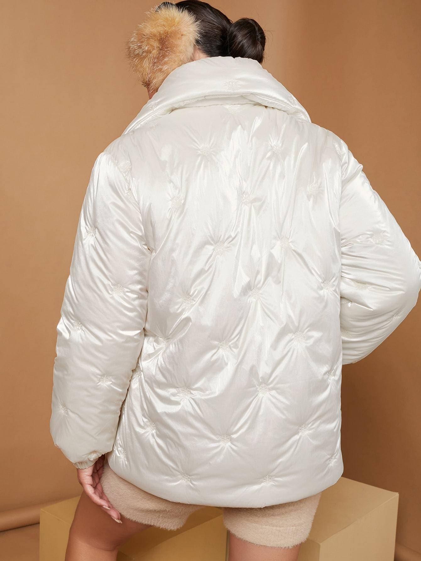 Button Front Zipper Flap Pocket Puffer Coat