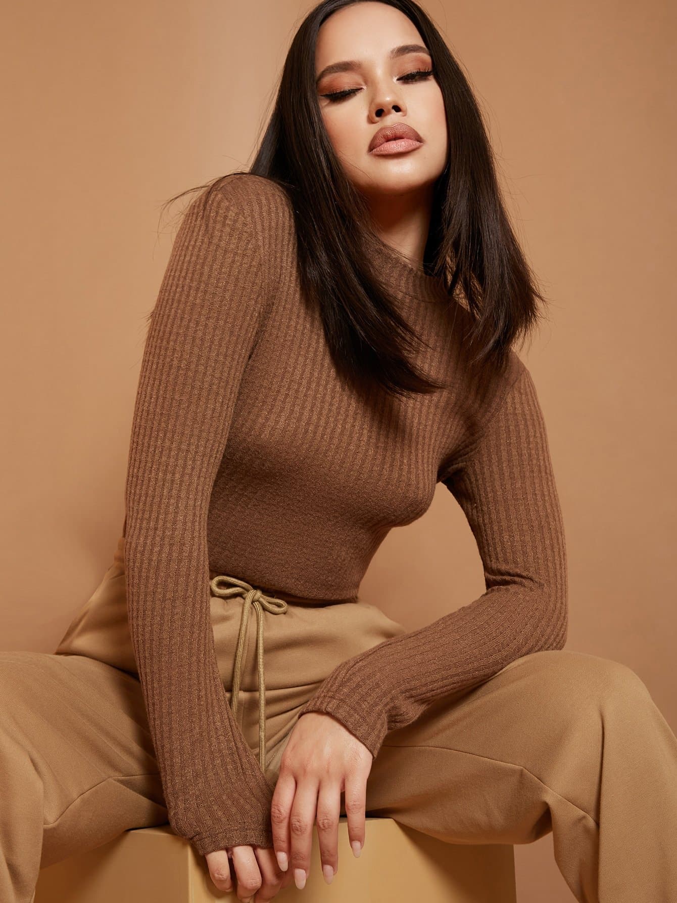 Stand Collar Rib-knit Slim Fitted Top