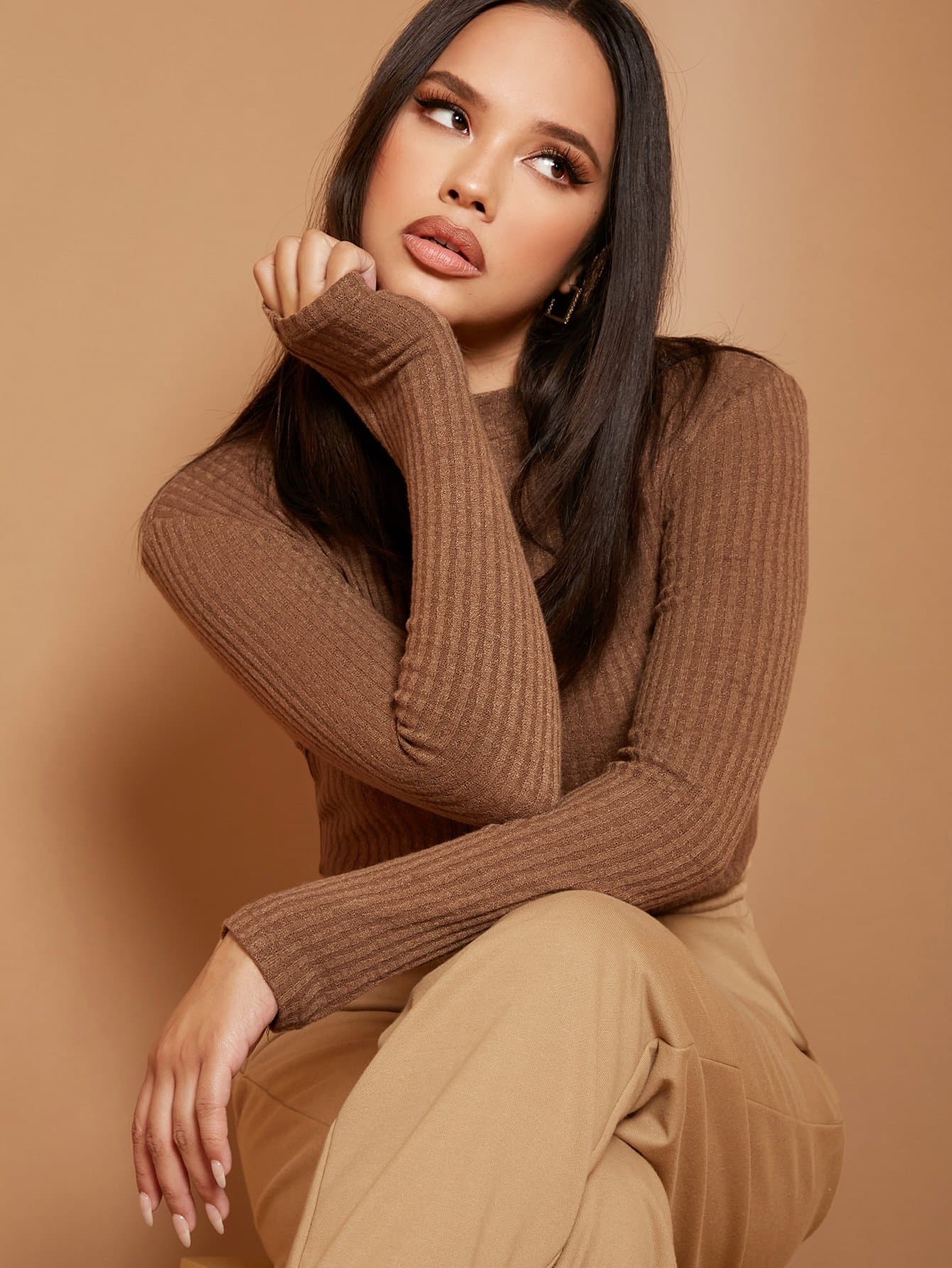 Stand Collar Rib-knit Slim Fitted Top