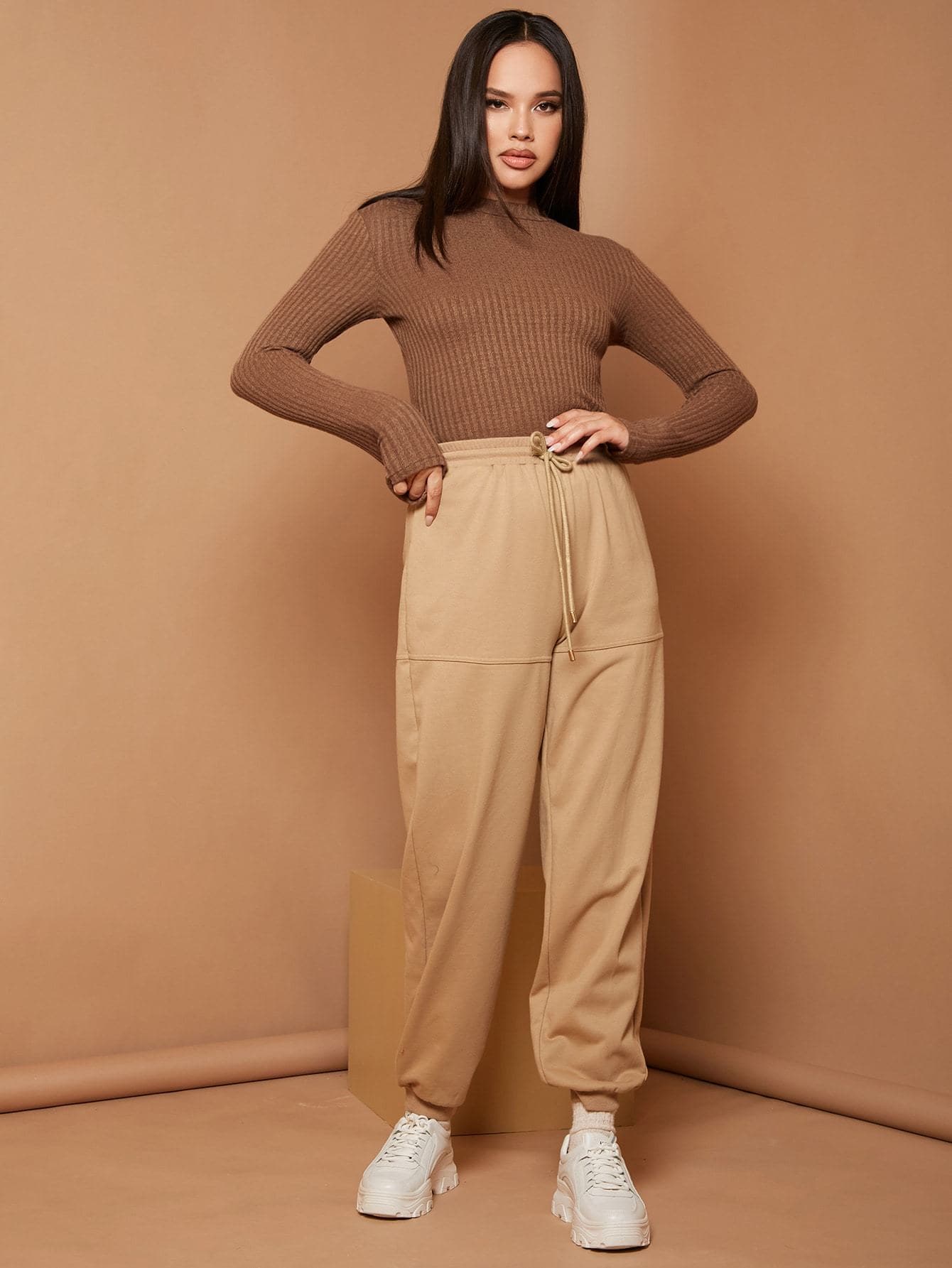 Stand Collar Rib-knit Slim Fitted Top