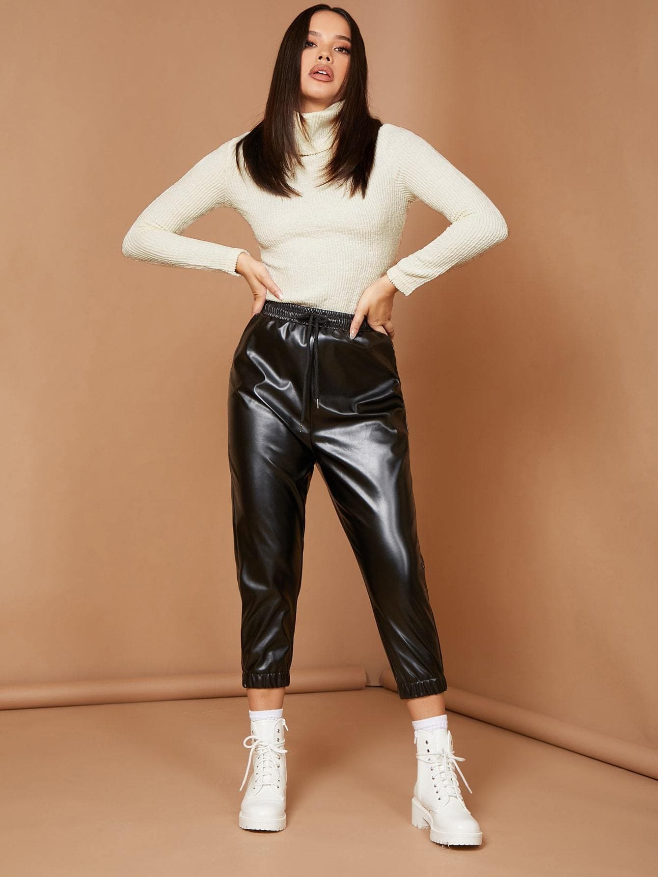 Funnel Neck Rib-knit Slim Fit Top