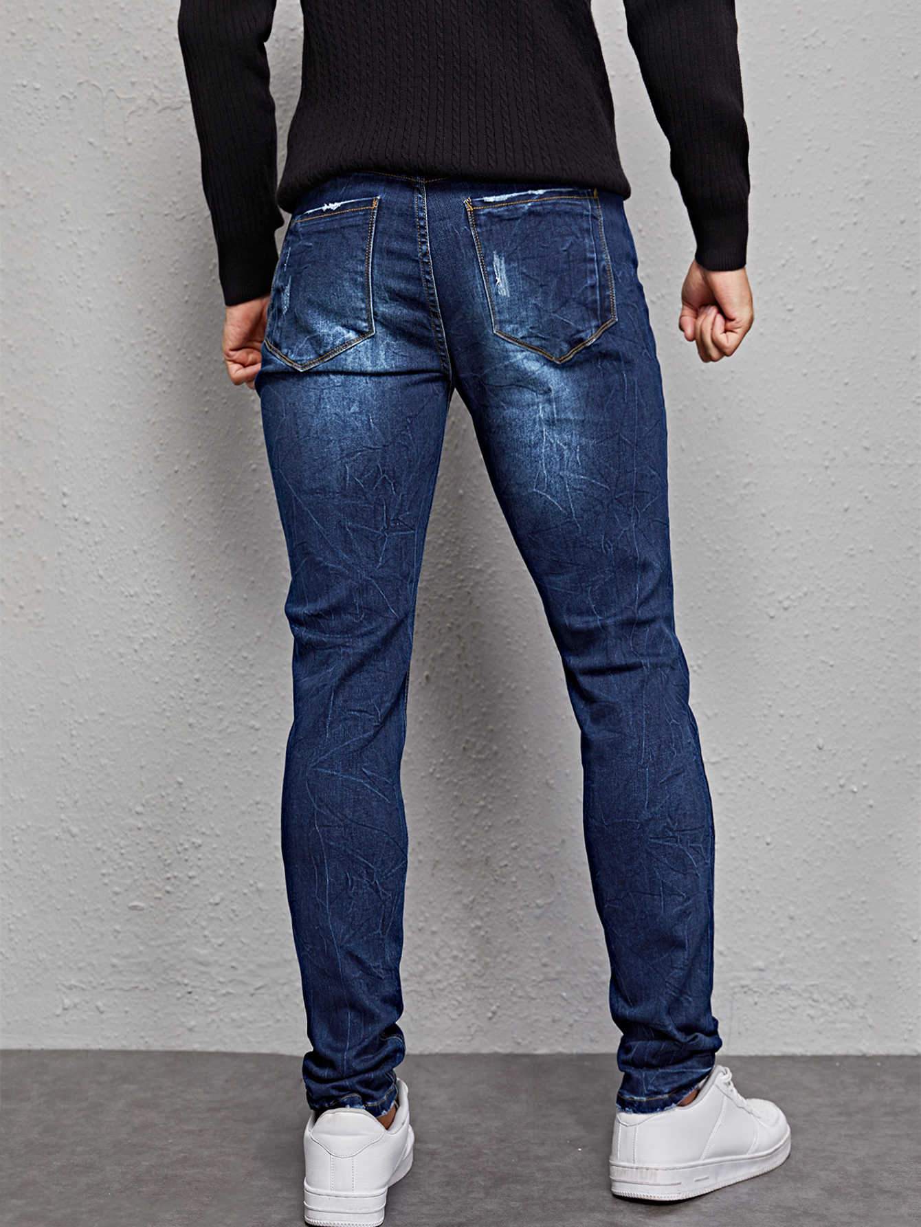Ripped Dark Washed Zipper Denim Jeans