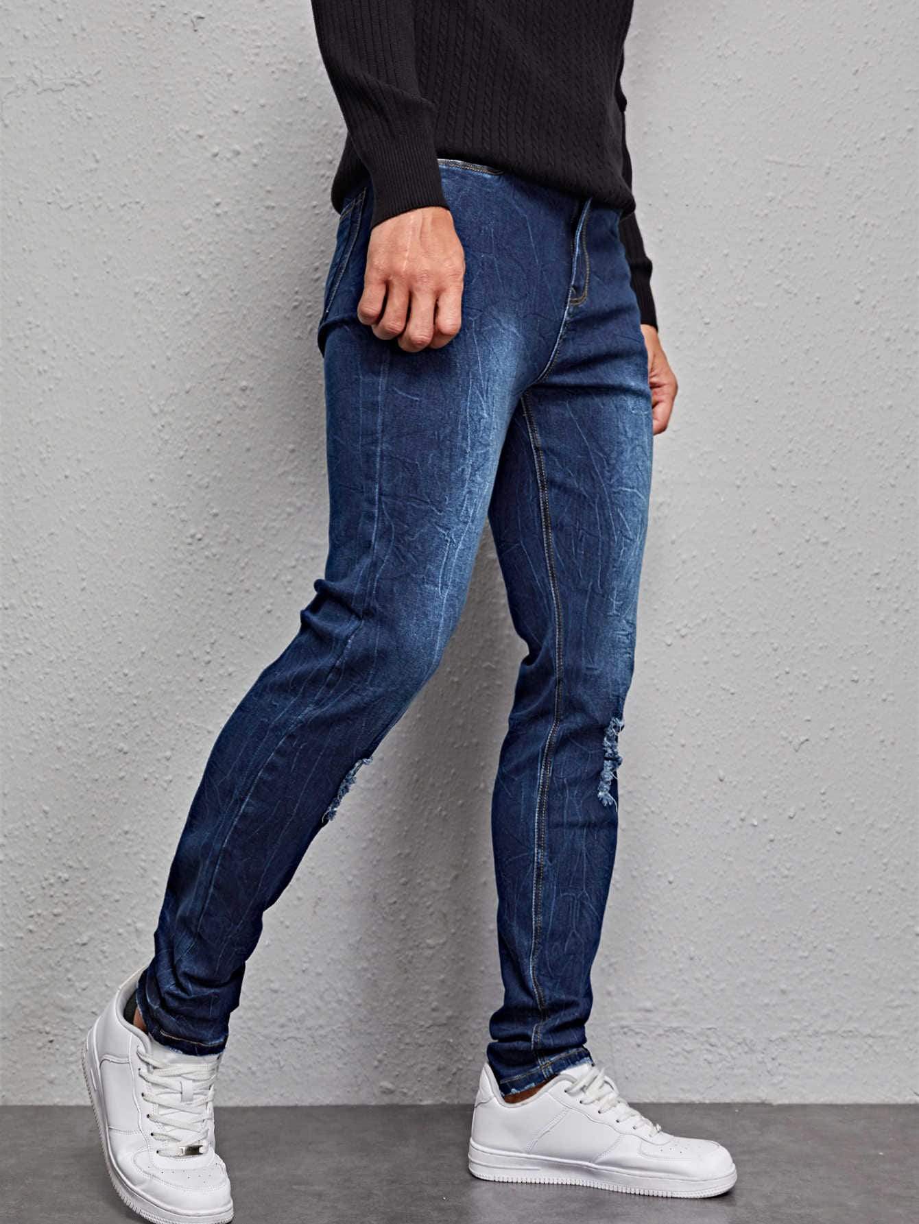 Ripped Dark Washed Zipper Denim Jeans