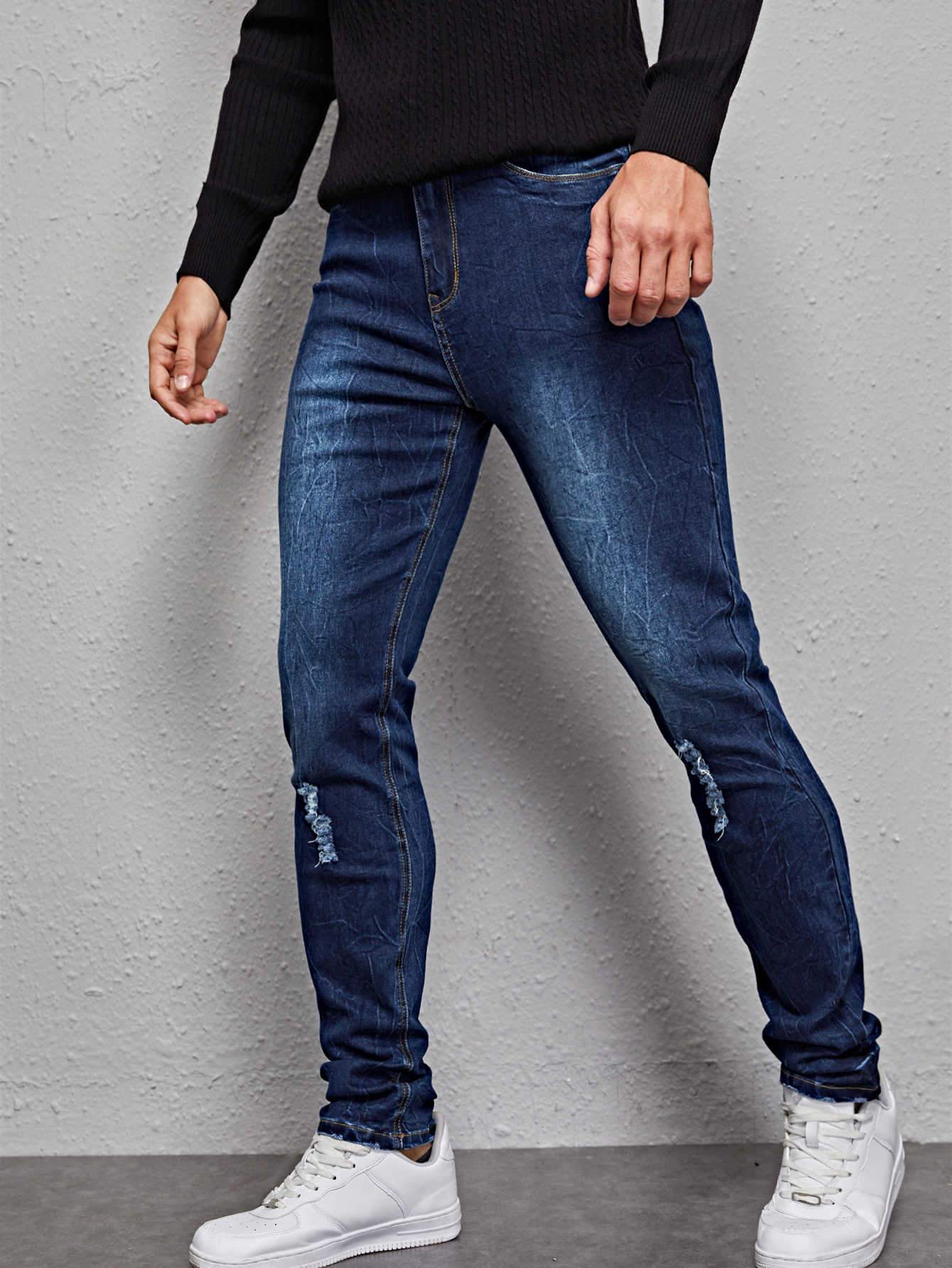 Ripped Dark Washed Zipper Denim Jeans