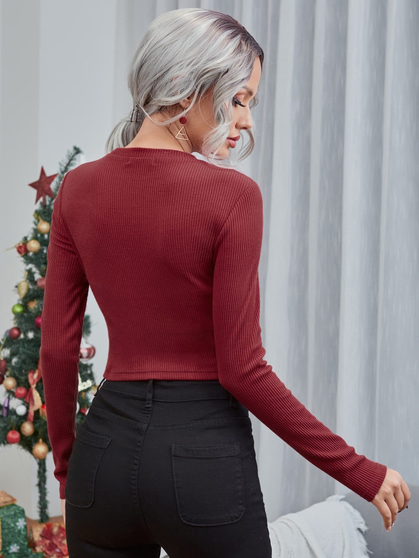 Burgundy Round Neck Rib-knit Slim Fit Cut Out Crop Top